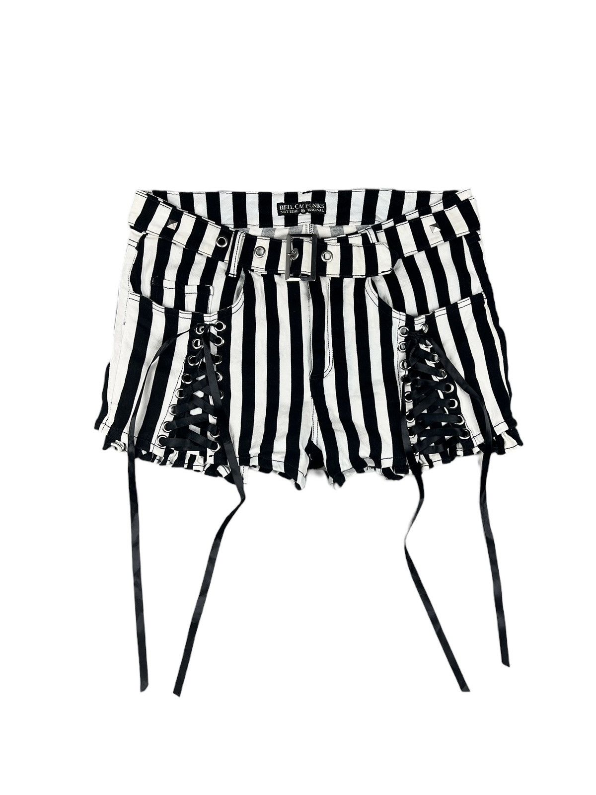 Japanese Brand Hell Cat Punks Jail Stripes Laced Shorts Size 32" / US 10 / IT 46 - 1 Thumbnail