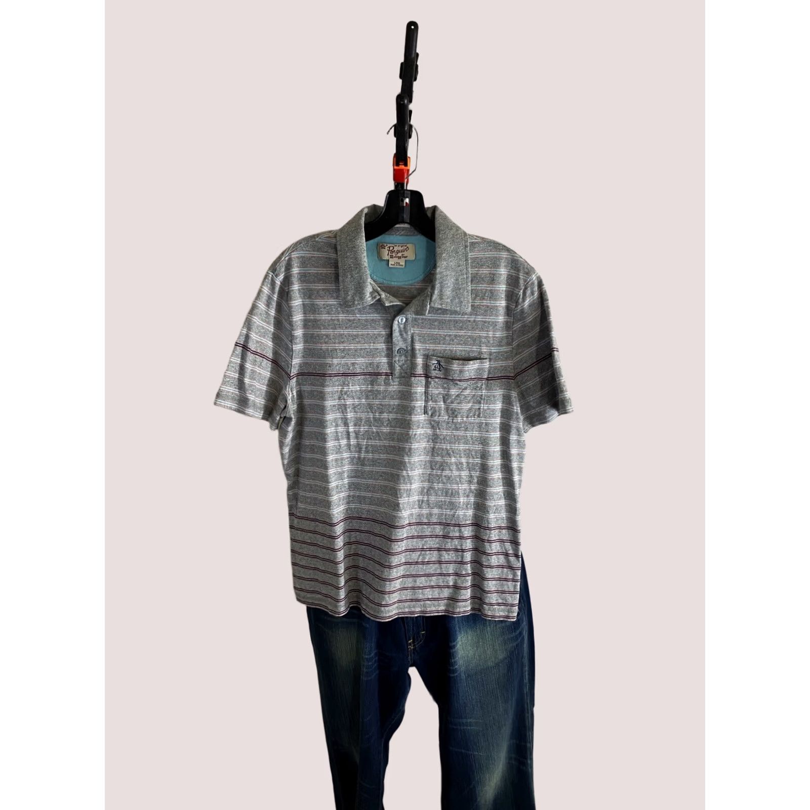 Vintage Penguin Polo Shirt Mens L Gray Tangerine Stripe Pocket Classic Fit Size US L / EU 52-54 / 3 - 1 Thumbnail