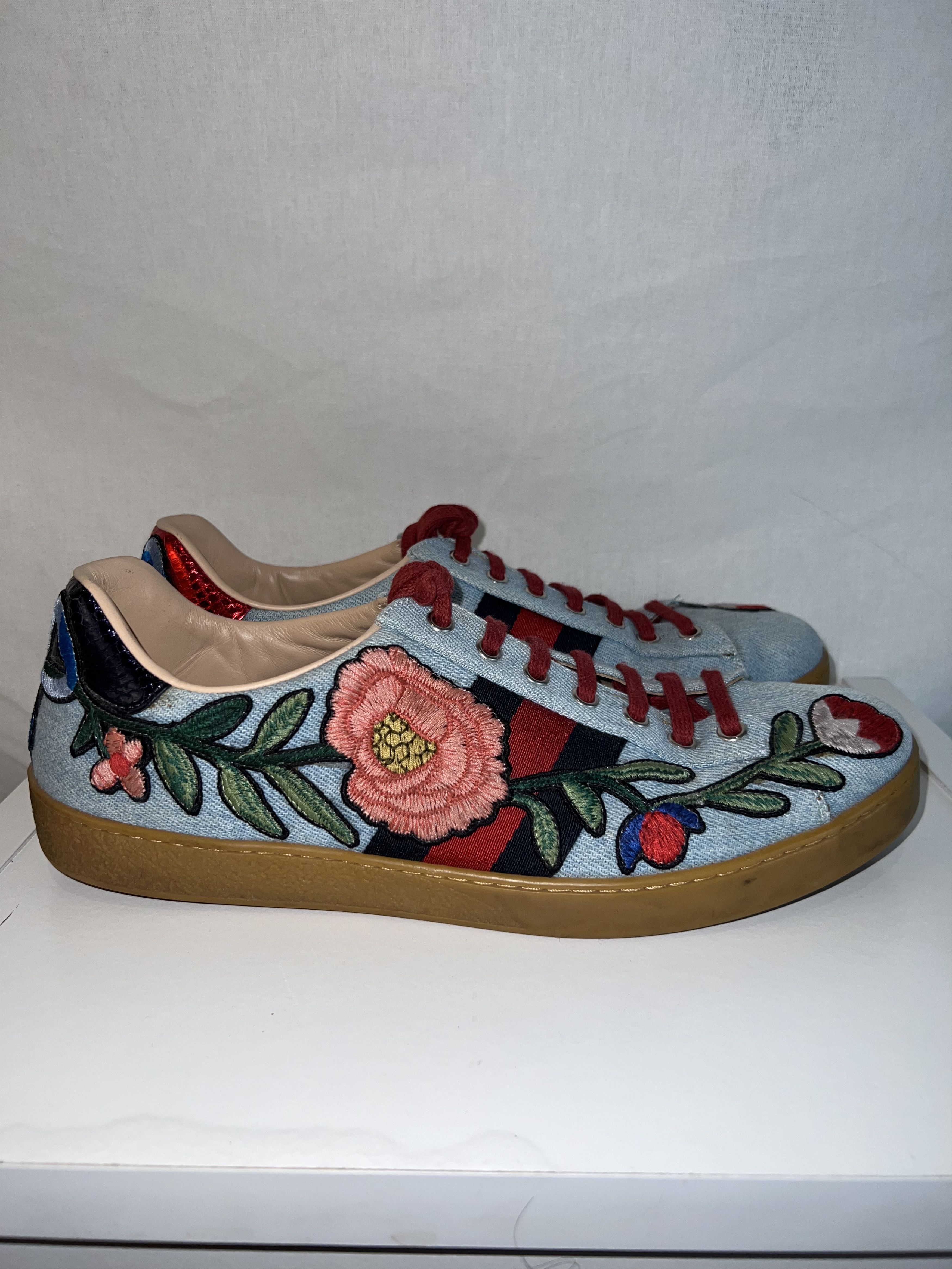 Gucci, Embroidered Sneakers, Floral Denim Ace, Size