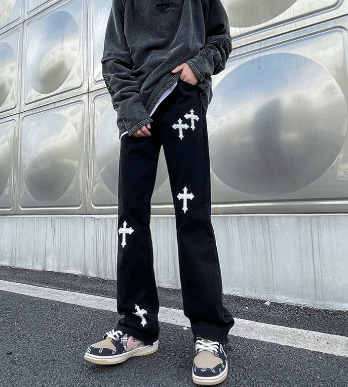 Japanese Brand Men's high street loose straight cross embroidered jeans Size US 32 / EU 48 - 1 Thumbnail