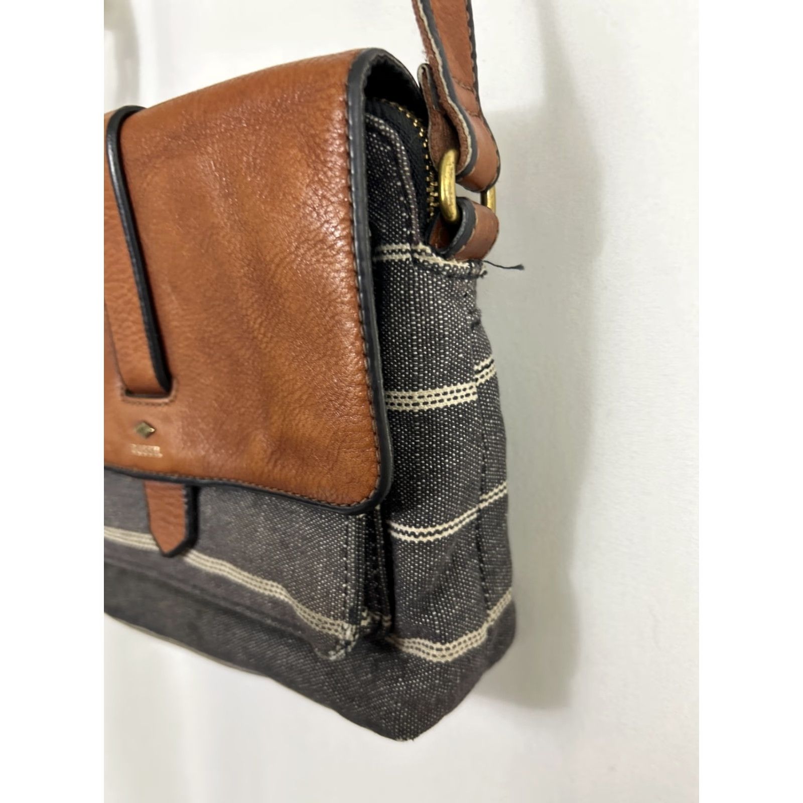 Fossil Fossil Crossbody Purse Black Denim Striped Brown Leather Flap Small Women Size ONE SIZE - 4 Thumbnail