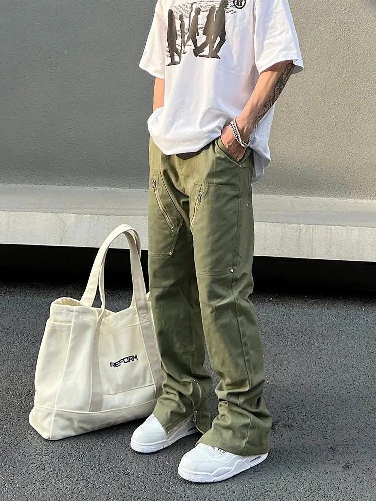 Ankle Zip Khaki Stacked Panel Denim Jeans