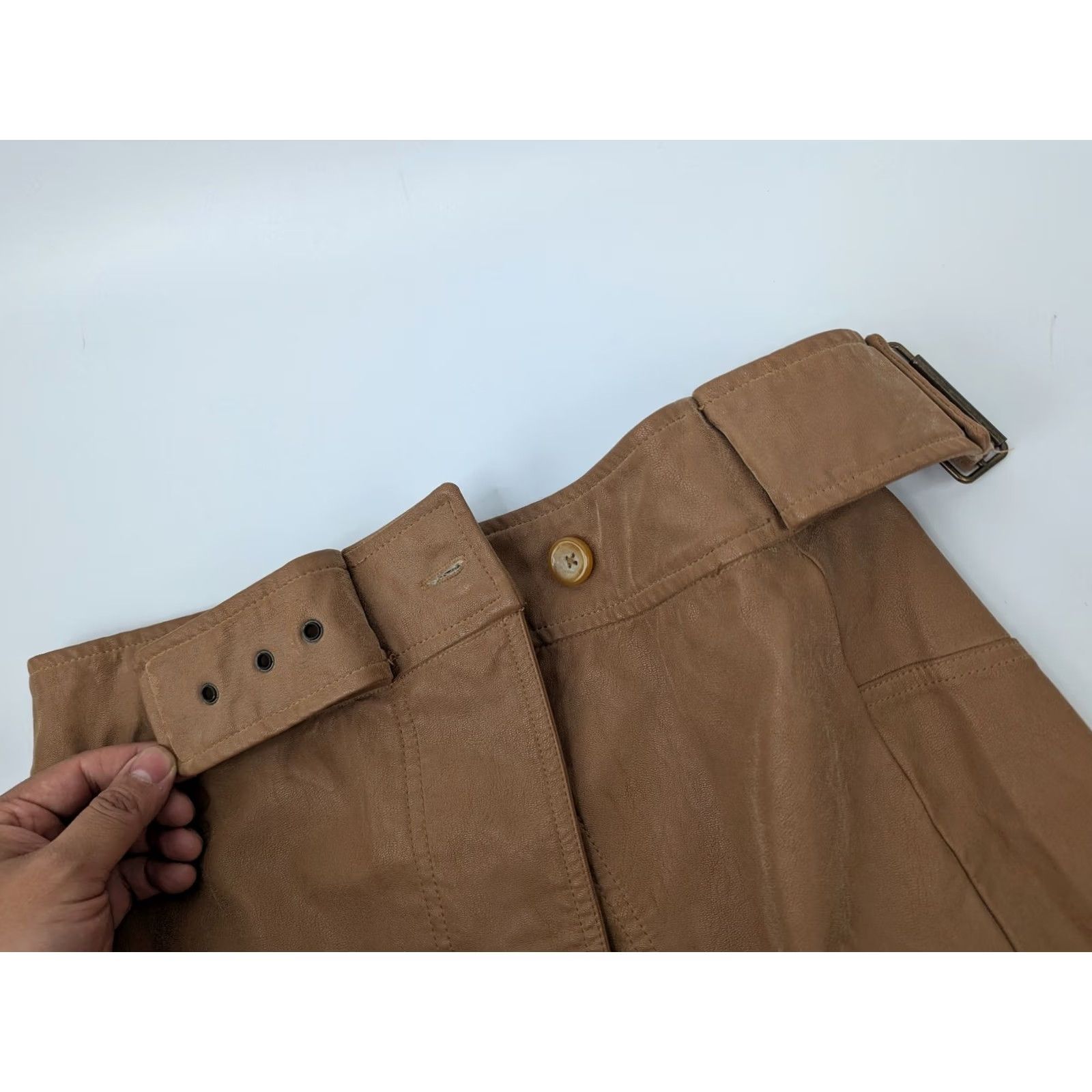 Free People VINTAGE Free People Skirt Womens 4 Camel Brown Faux Leather Buckle Wrap Mini Mod Size 27" / US 4 / IT 40 - 6 Thumbnail