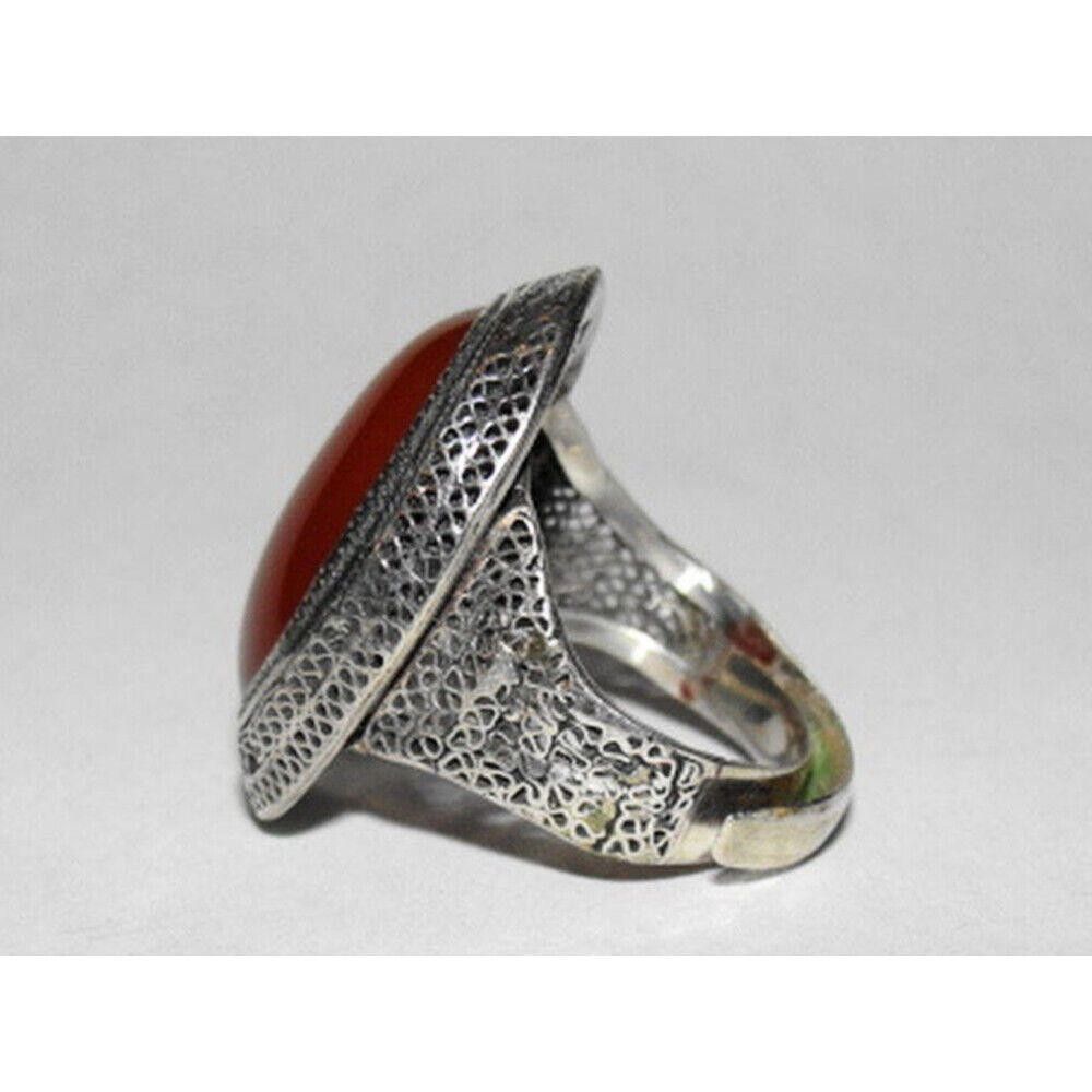 Designer Chinese Art Deco Sterling Silver Carnelian Cabochon Ring Size ONE SIZE - 2 Thumbnail