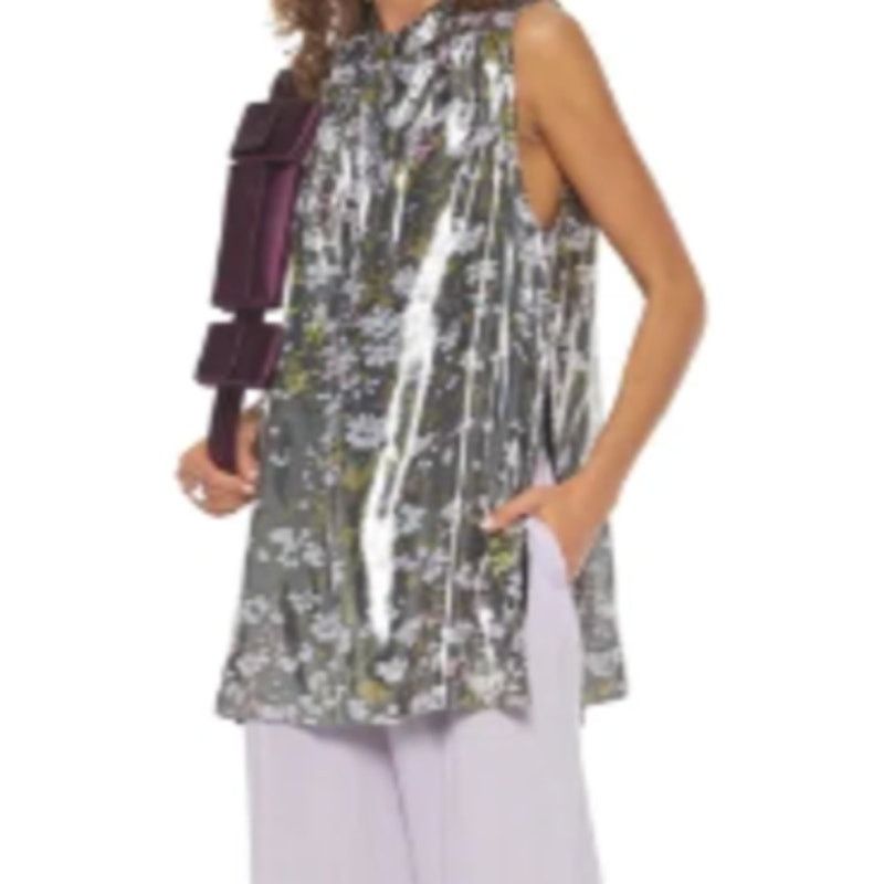 Ganni Ganni Floral print silk blend Metallic top Olive Green Size S / US 4 / IT 40 - 9 Thumbnail