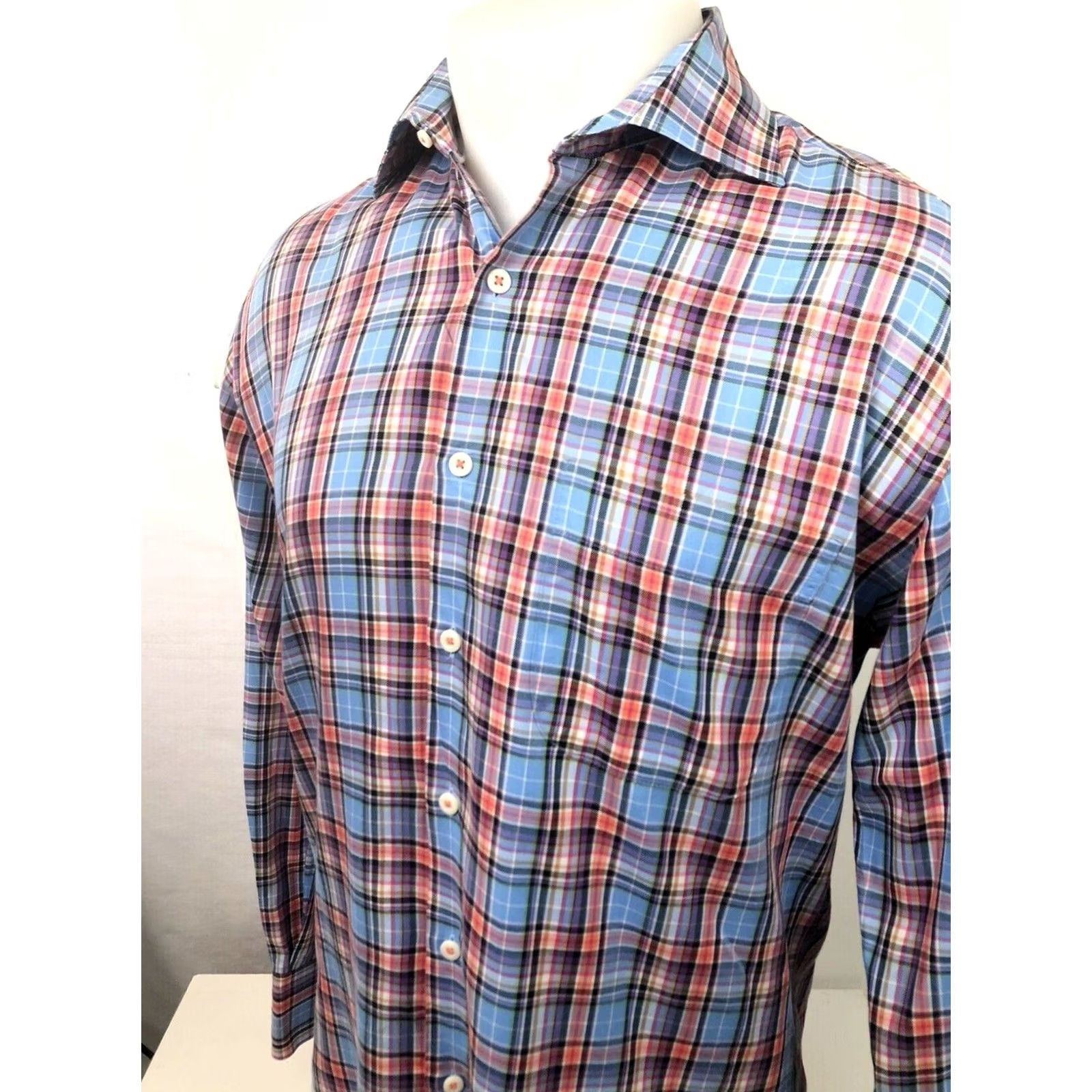 Peter Millar PETER MILLAR Mens M Blue/Pink/Red Plaid Button-Down Shirt Size US M / EU 48-50 / 2 - 2 Thumbnail