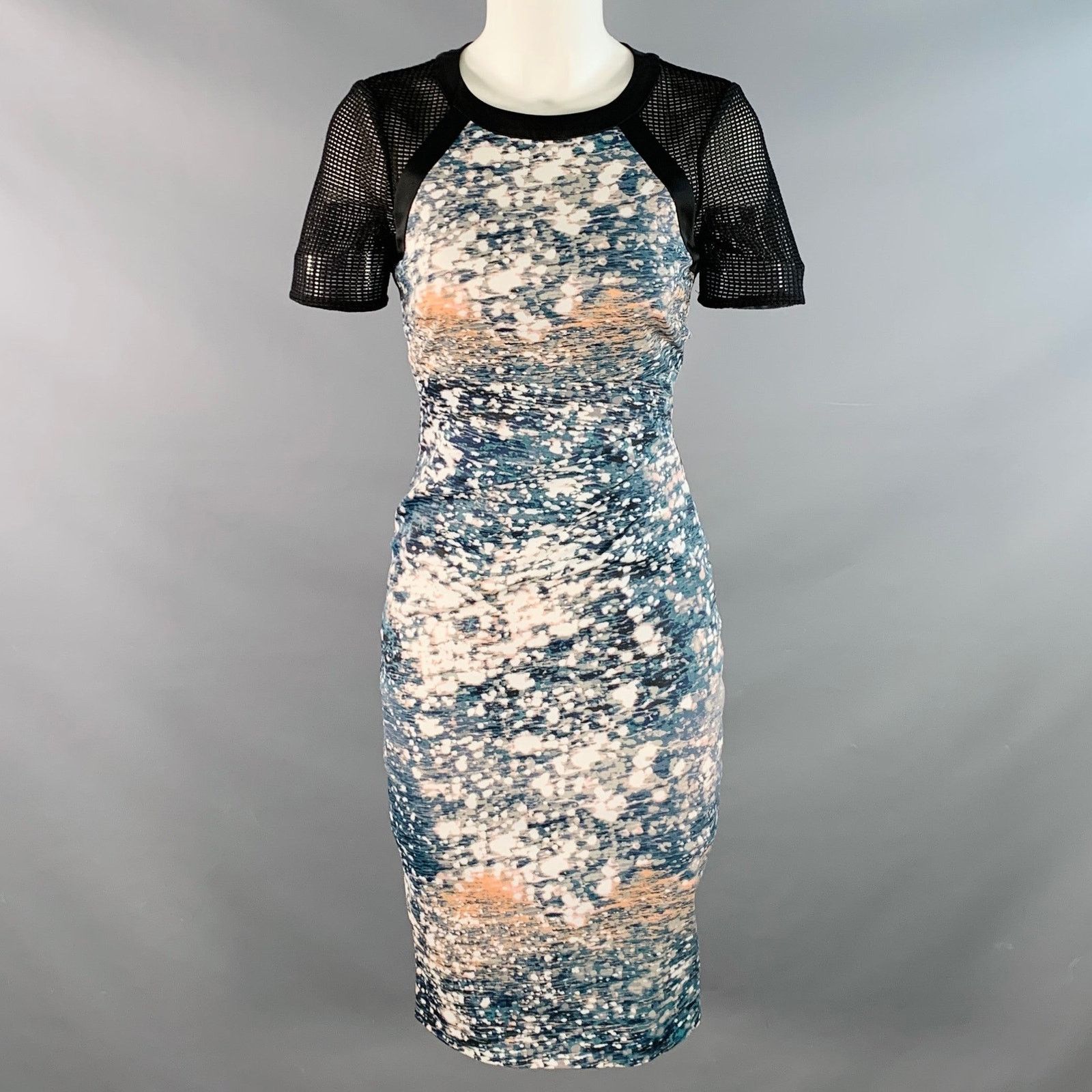 Karen Millen Black Green White Acetate Blend Abstract Mesh Sleeves Dress Size S / US 4 / IT 40 - 1 Thumbnail