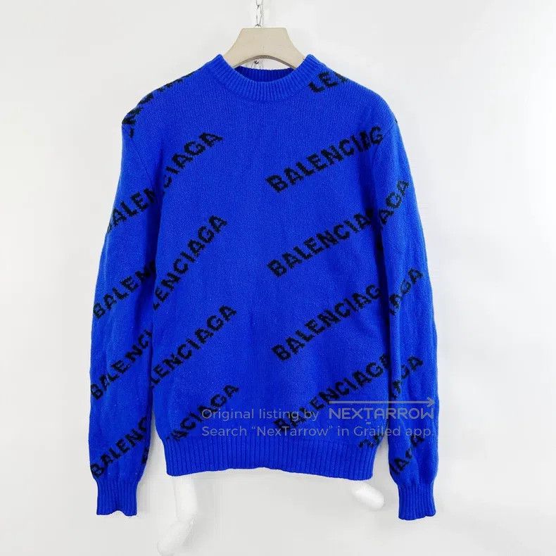 Balenciaga Balenciaga Blue Full Printed Letter Bullet Screen Sweater Size US S / EU 44-46 / 1 - 1 Thumbnail