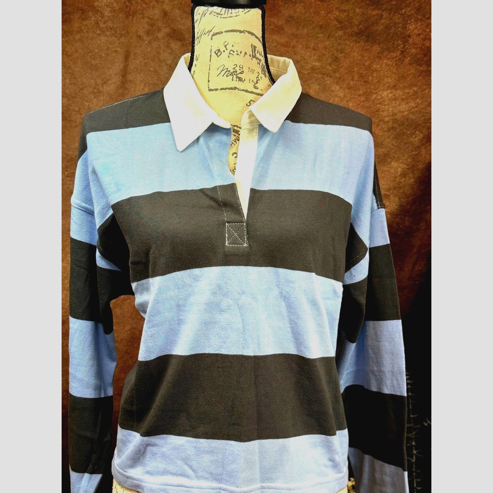 Other Aerie Striped Cropped Long Sleeve Collared Top Blue Black L Size L / US 10 / IT 46 - 3 Thumbnail
