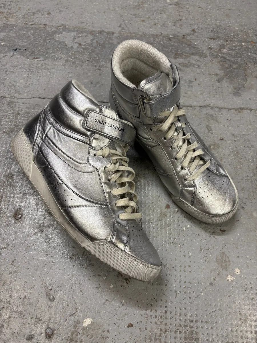Designer × Saint Laurent Paris × Vintage 2010s Saint Laurent Lenny Silver Grey High Sneakers Size US 7.5 / EU 40-41 - 5 Thumbnail