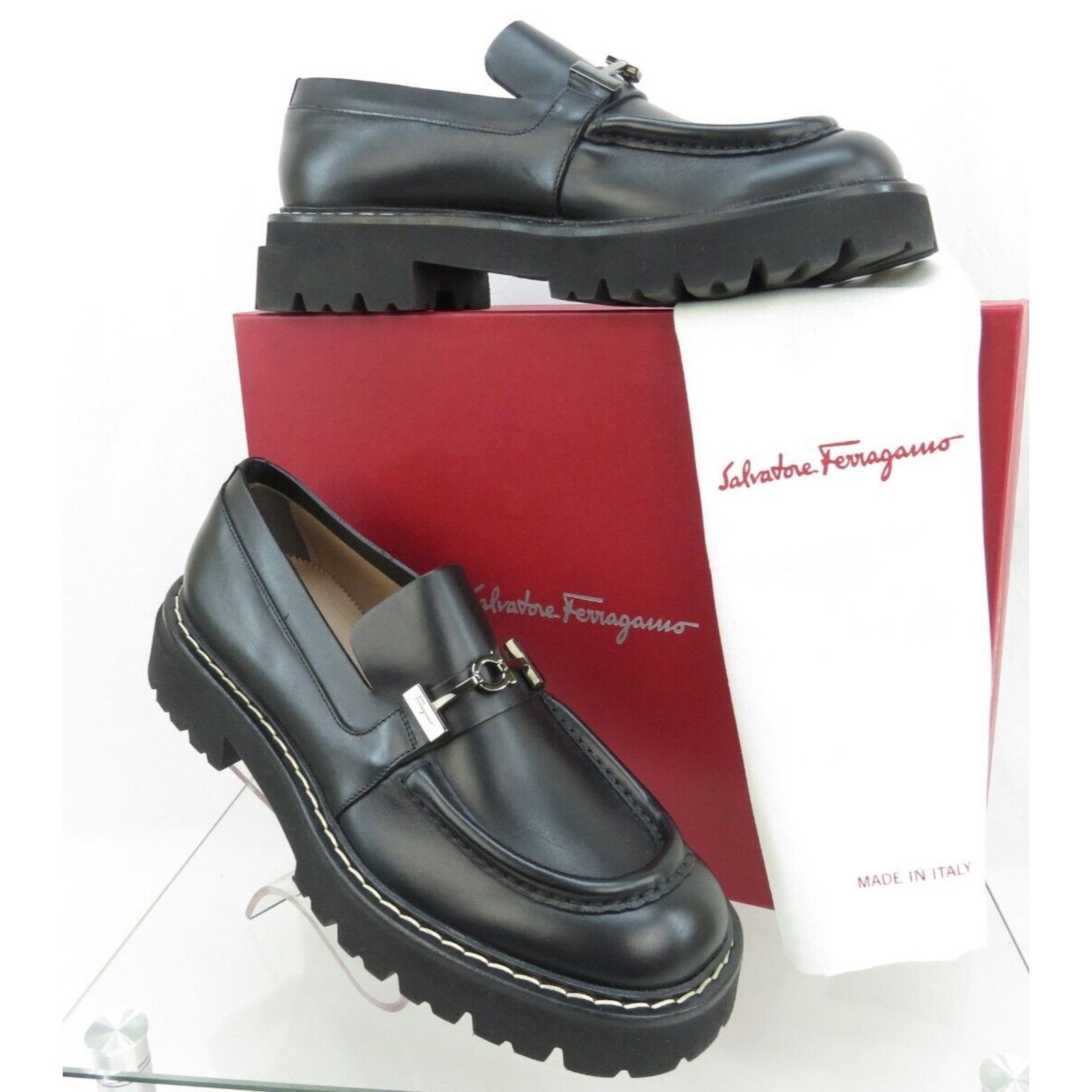 Salvatore Ferragamo FERRAGAMO IGNAZIO BLACK LEATHER GANCINI LUG LOAFERS 11.5 M Size US 11.5 / EU 44-45 - 3 Thumbnail