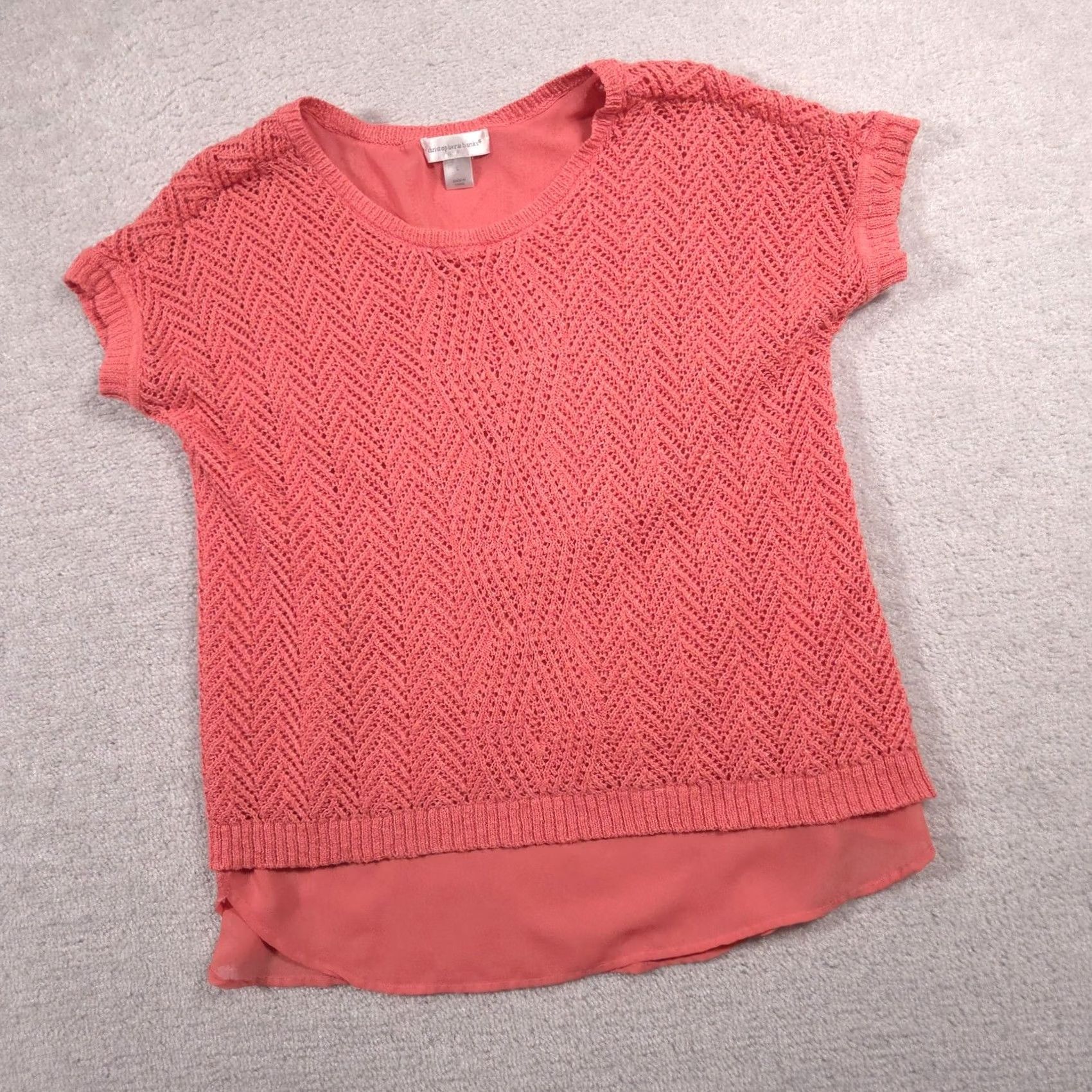 Vintage Christopher & Banks Shirt Womens Large Coral Crochet Knit Overlay Chiffon Hem Size L / US 10 / IT 46 - 2 Thumbnail