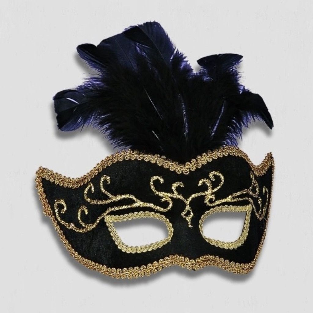 Vintage Mask Swirling Embroidery Feathers Elastic Strap Black/Gold Size ONE SIZE - 1 Thumbnail