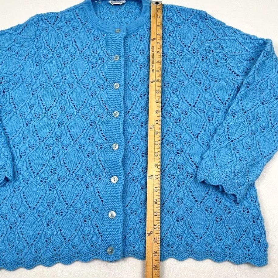 Vintage VINTAGE Wintuk Cardigan Sweater Womens XL Blue Pointelle Knit Scallop Acrylic Cardigan Women Regular Knit Sleeves Solid Pattern Size XL / US 12-14 / IT 48-50 - 3 Thumbnail