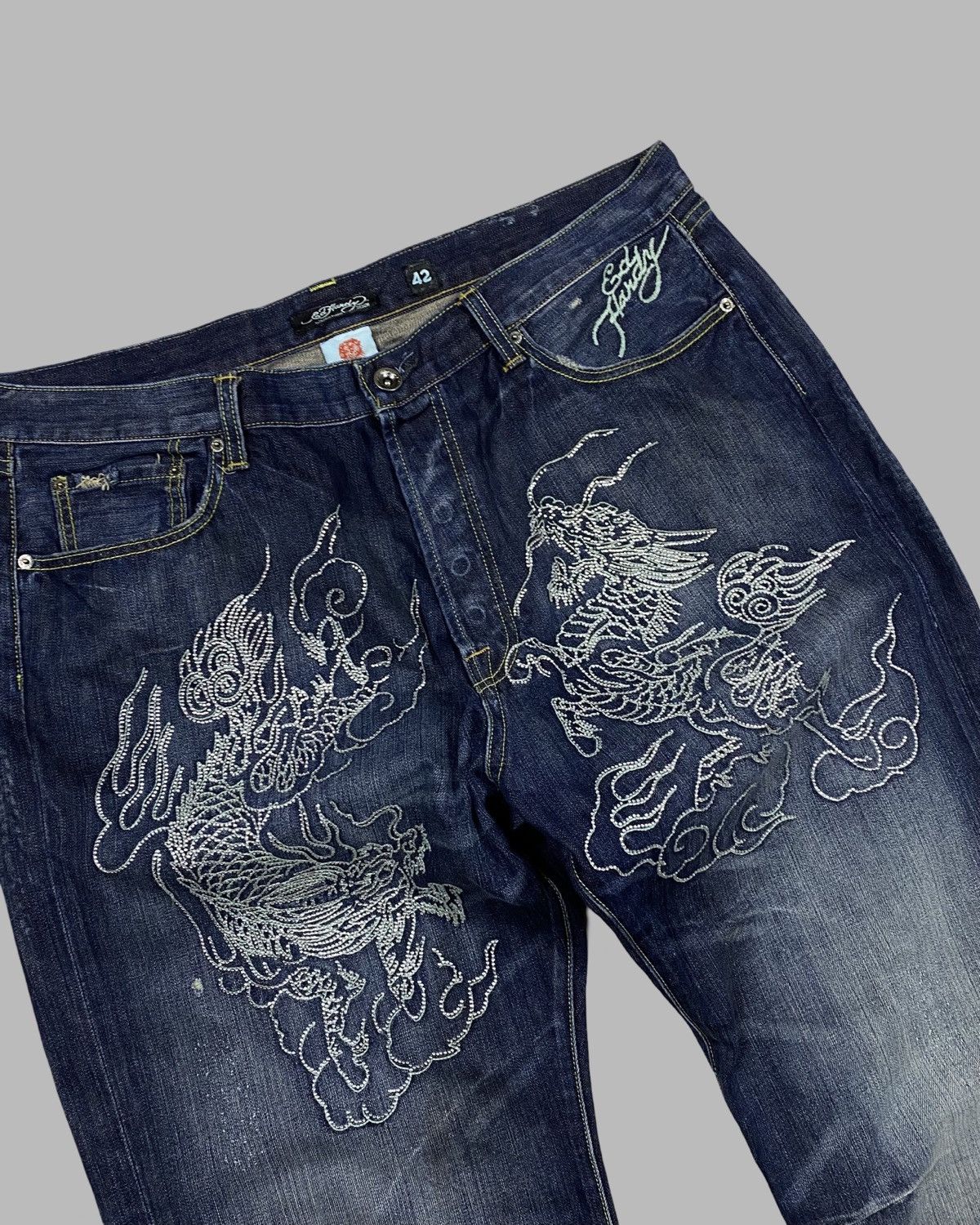 Christian Audigier Rare 00’s Ed hardy Rhinestone Dragon big logo Jeans Pants Size US 42 / EU 58 - 4 Thumbnail