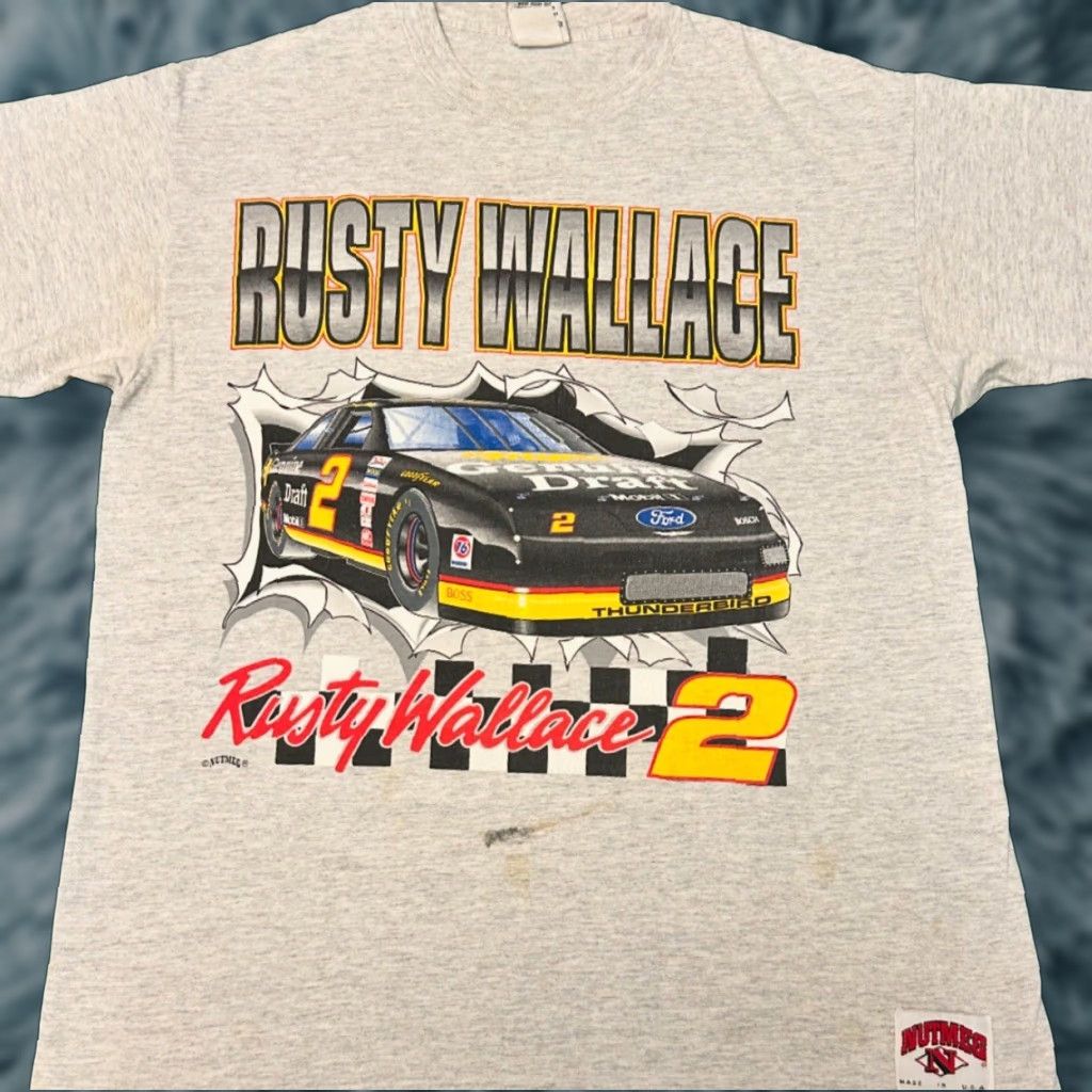 Nutmeg VINTAGE NASCAR Rusty Wallace 90s Shirt Mens XL Double Sided VTG Gray 1990s Cars Sports Hip Hop Break Through Size US XL / EU 56 / 4 - 1 Thumbnail