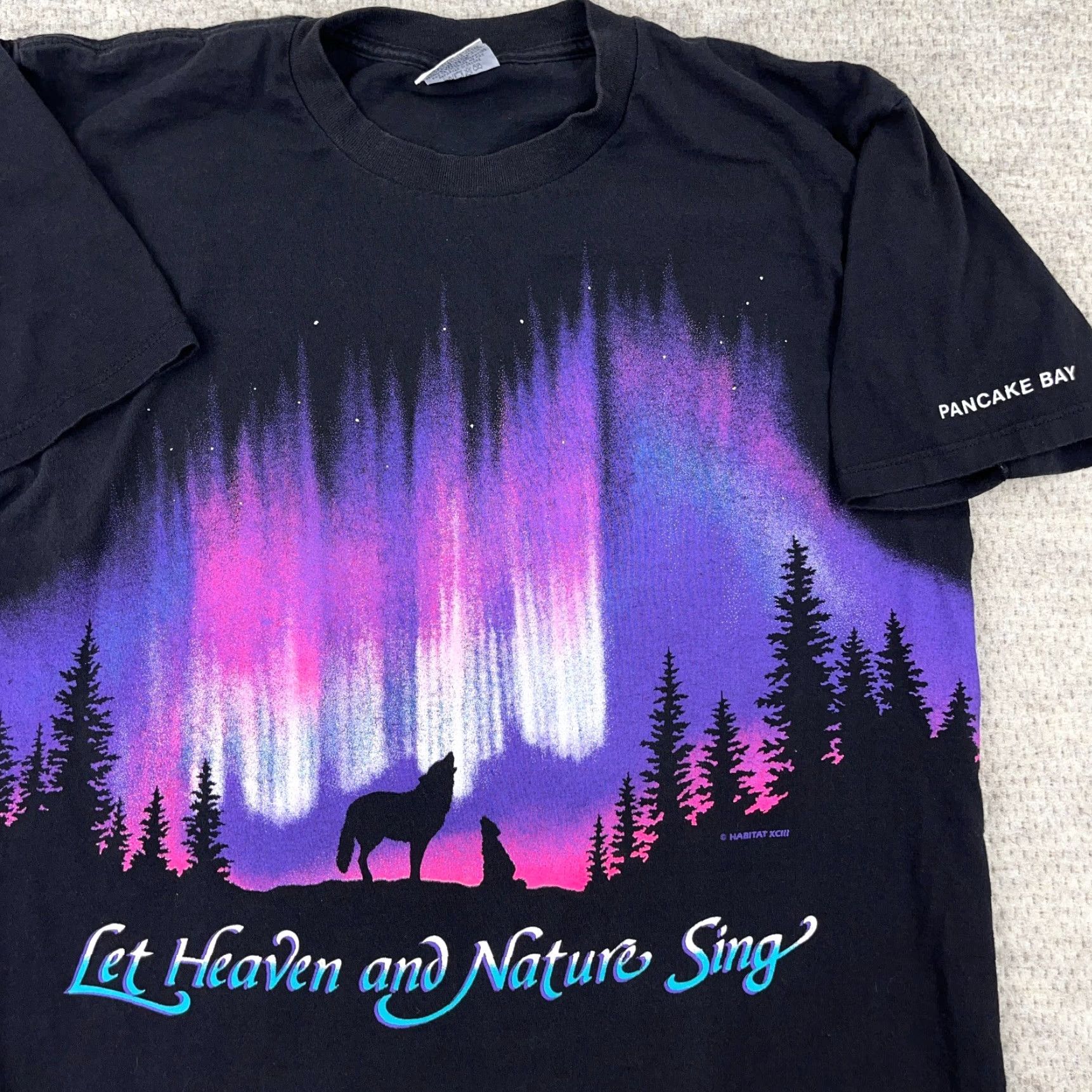 Gildan VINTAGE Gildan T-Shirt Men L Black All Over Print Wolf Habitat Heaven Sing 90s Nature Graphic Print Shirt Mens Size US L / EU 52-54 / 3 - 3 Thumbnail
