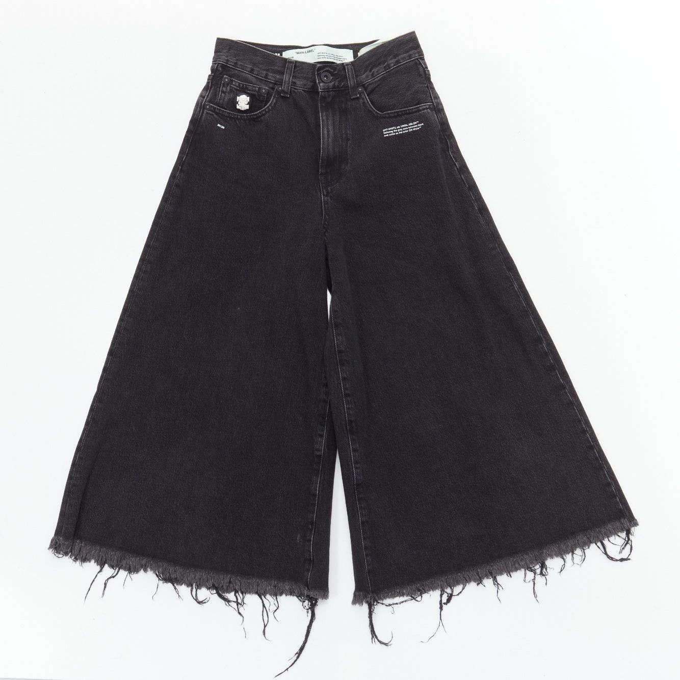 Off-White OFF WHITE C/O VIRGIL ABLOH black denim logo pin frayed hem wide culotte jeans XS Size 26" / US 2 / IT 38 - 1 Thumbnail