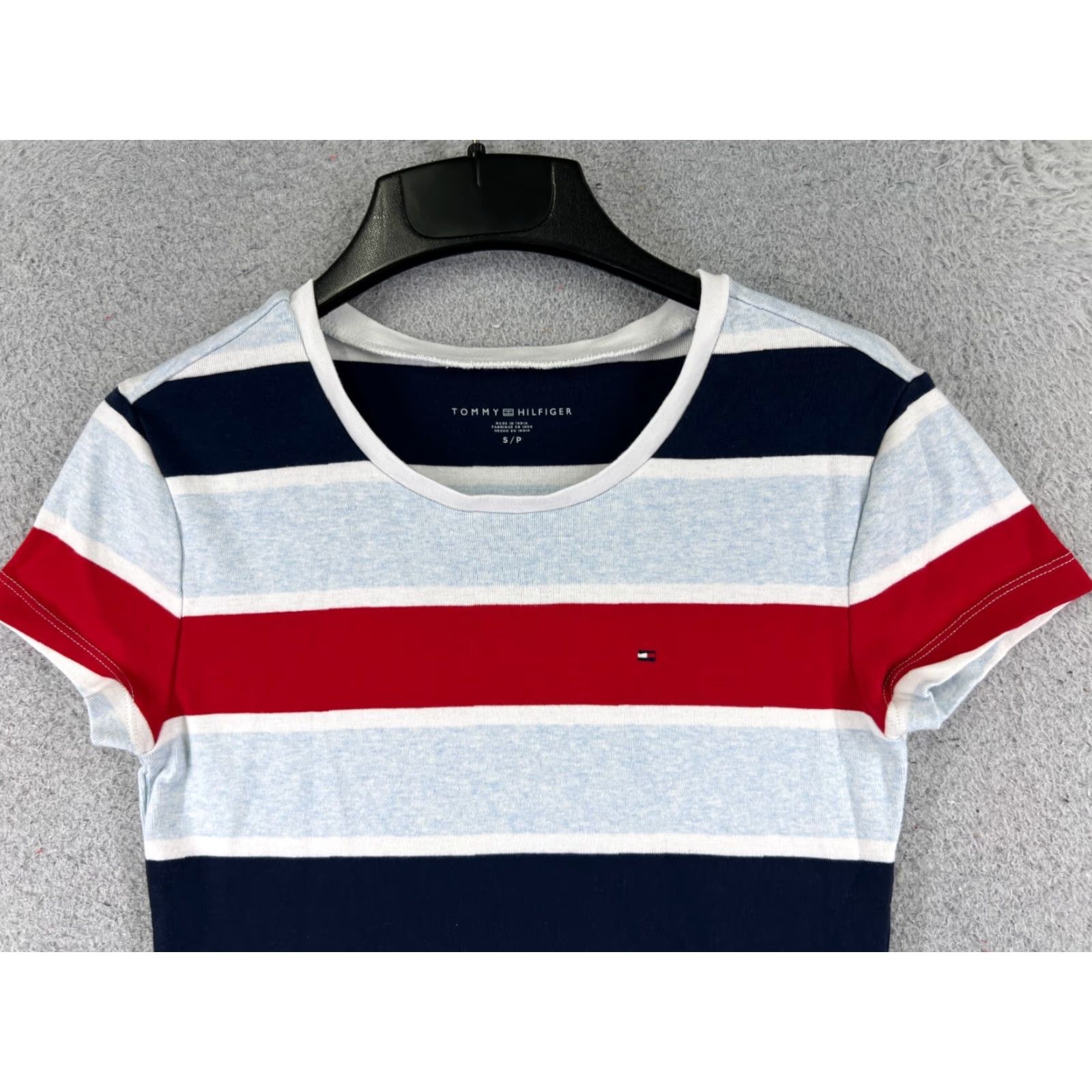 Tommy Hilfiger VINTAGE Tommy Hilfiger Shirt Womens S Blue White Red Round Neck Short Sleeve Cotton Logo Striped 90s Size S / US 4 / IT 40 - 4 Thumbnail