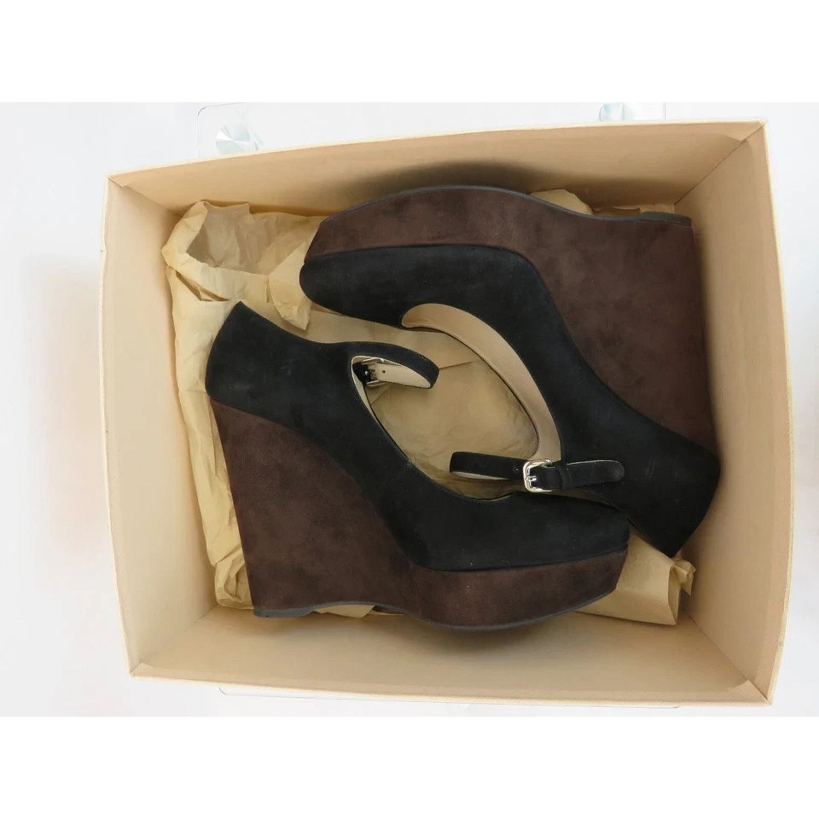 Prada NIB PRADA BLACK BROWN SUEDE WEDGE PLATFORM PUMPS 41 ITALY Size US 11 / IT 41 - 8 Thumbnail