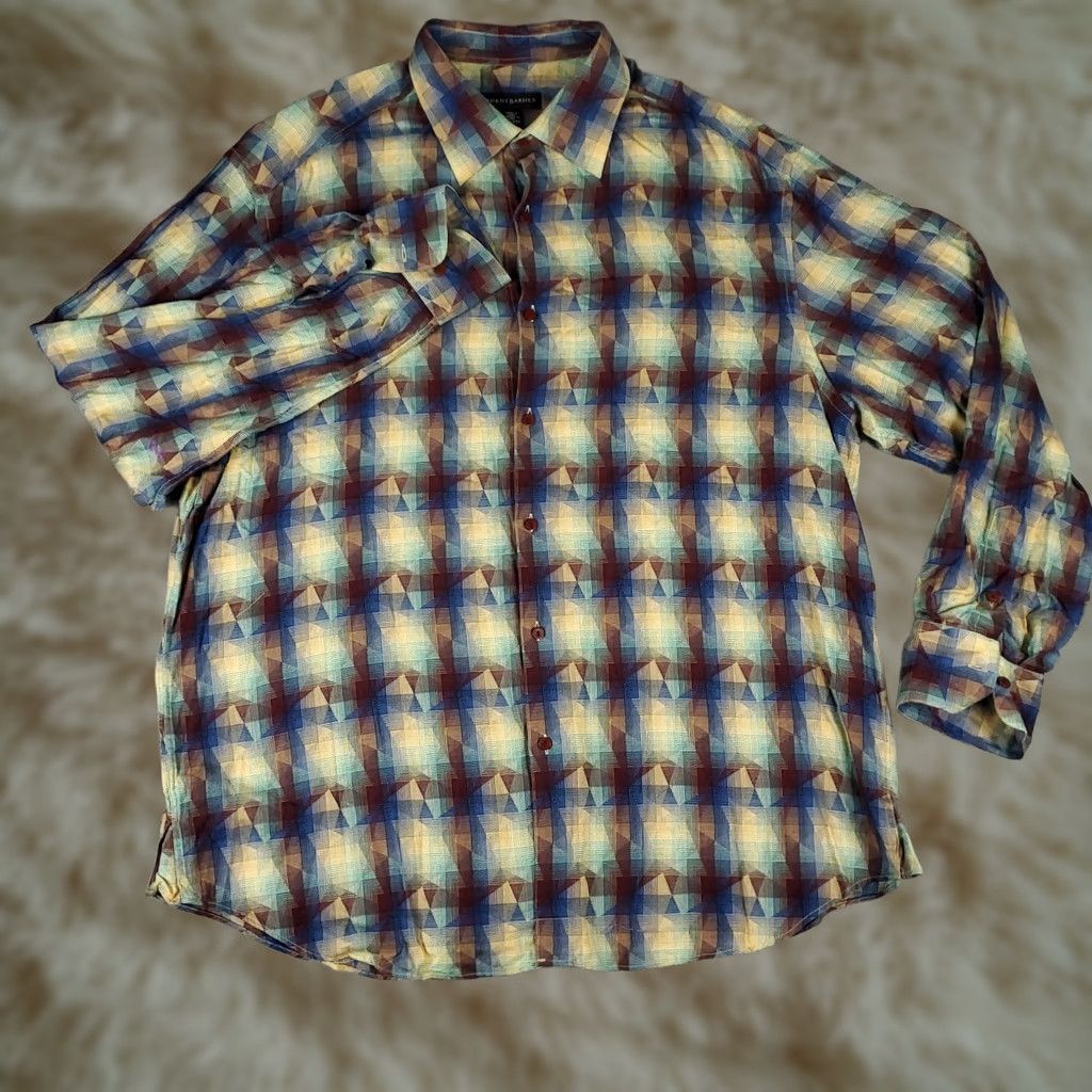 Vintage Jhane Barnes Shirt Mens 2XL Blue Brown Abstract Casual Button Up Long Sleeve Geometric Pattern Modern Classic Preppy Business Workwear Size US XXL / EU 58 / 5 - 1 Thumbnail