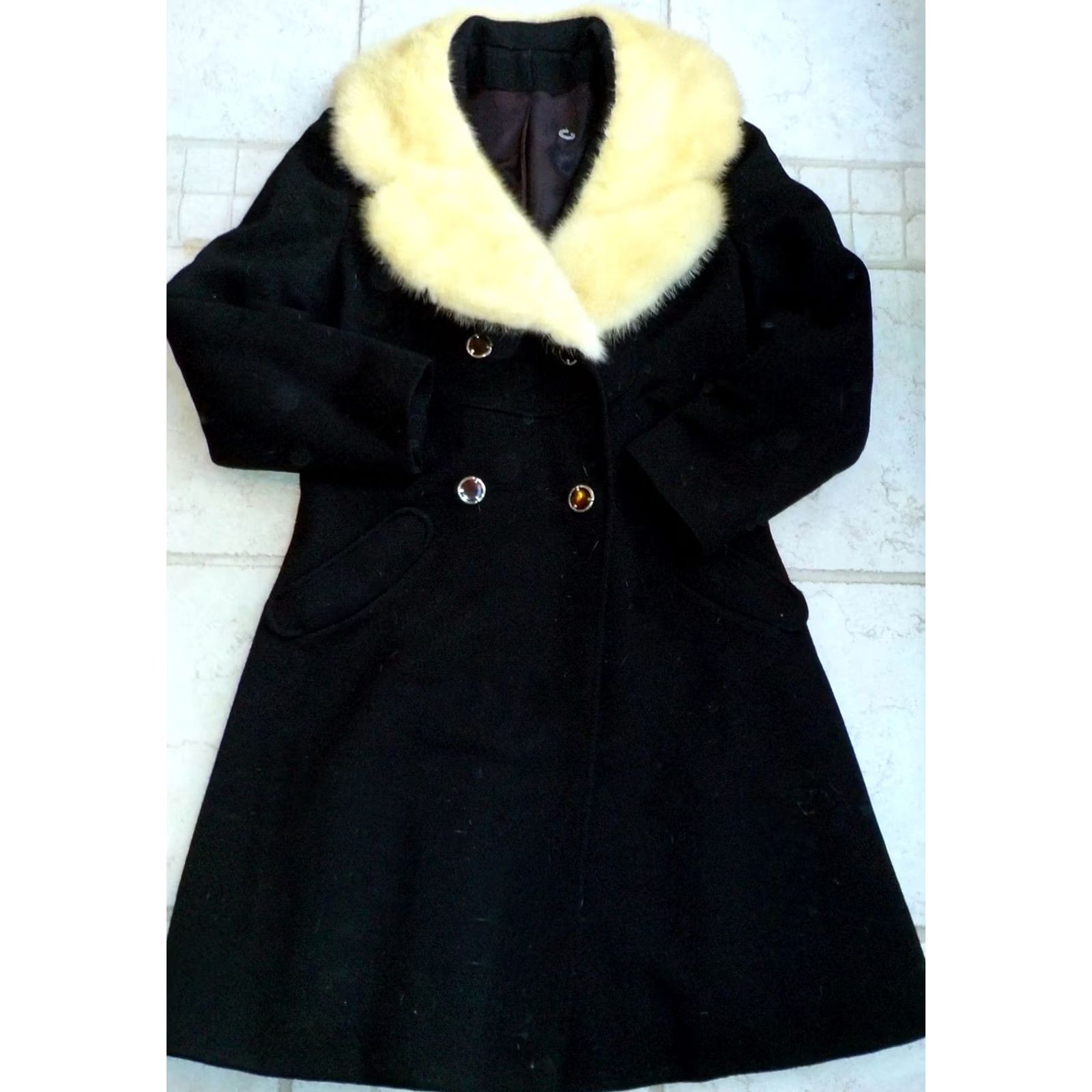 Vintage VTG Jackie O Stroller Coat Black Wool Mink Trimmed Double Breasted Size:2-4? Small Womens Jacket/Coat 3/4 Sleeve Knee Length Retro 50-60s Vintage Size XS / US 0-2 / IT 36-38 - 2 Thumbnail