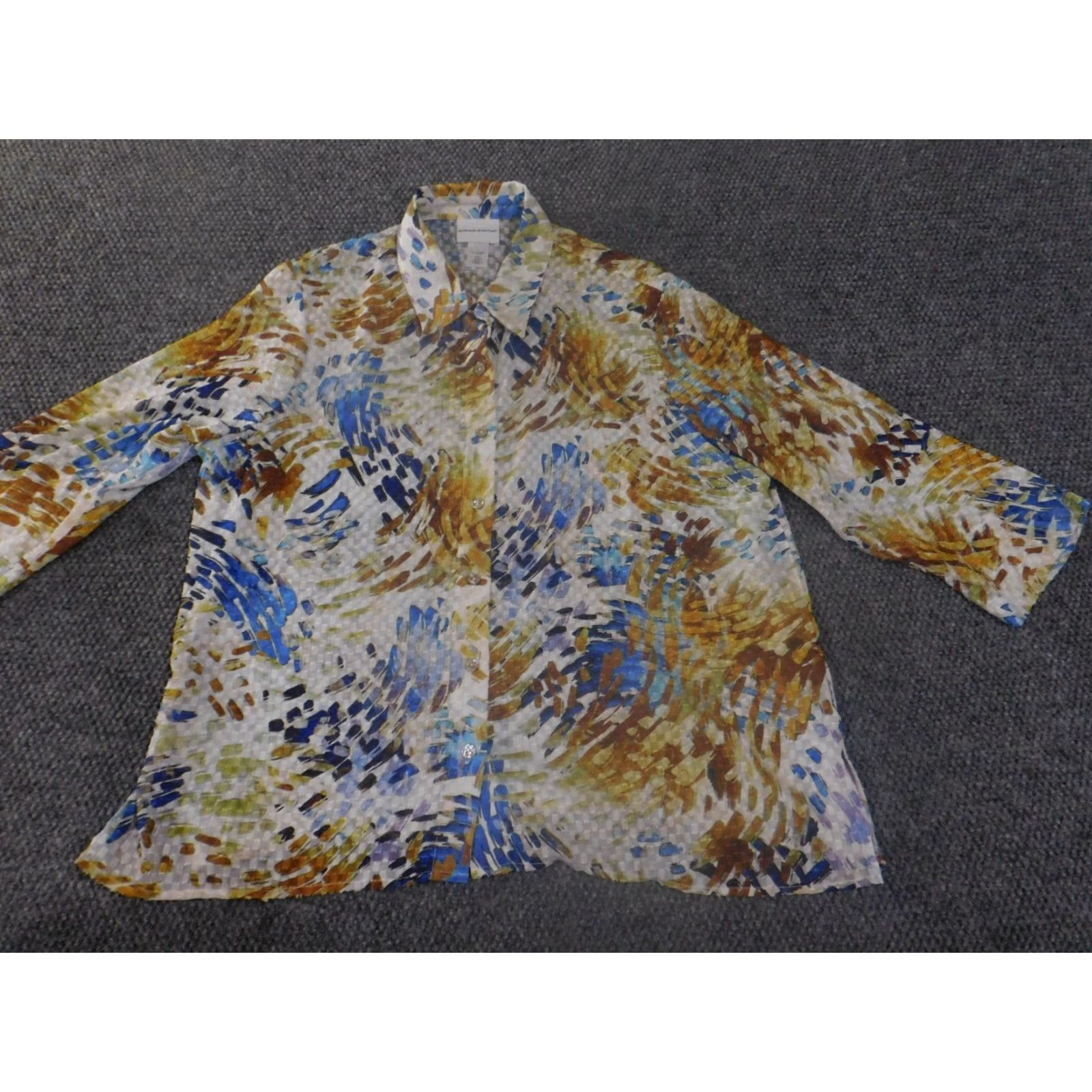 Vintage Alfred Dunner Button-Up Shirt Women Large Blue Geometric Sheer Casual Knit Polyester Long Sleeve Size L / US 10 / IT 46 - 3 Thumbnail