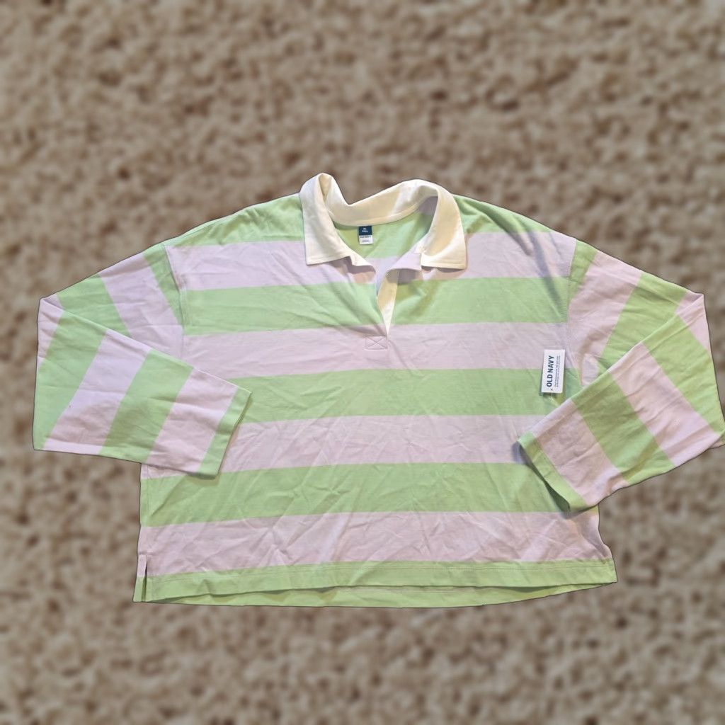 Old Navy Old Navy Top Women XL Tall Green Striped Long Sleeve Crop Casual Basic Knit Polyester? Size XL / US 12-14 / IT 48-50 - 1 Thumbnail