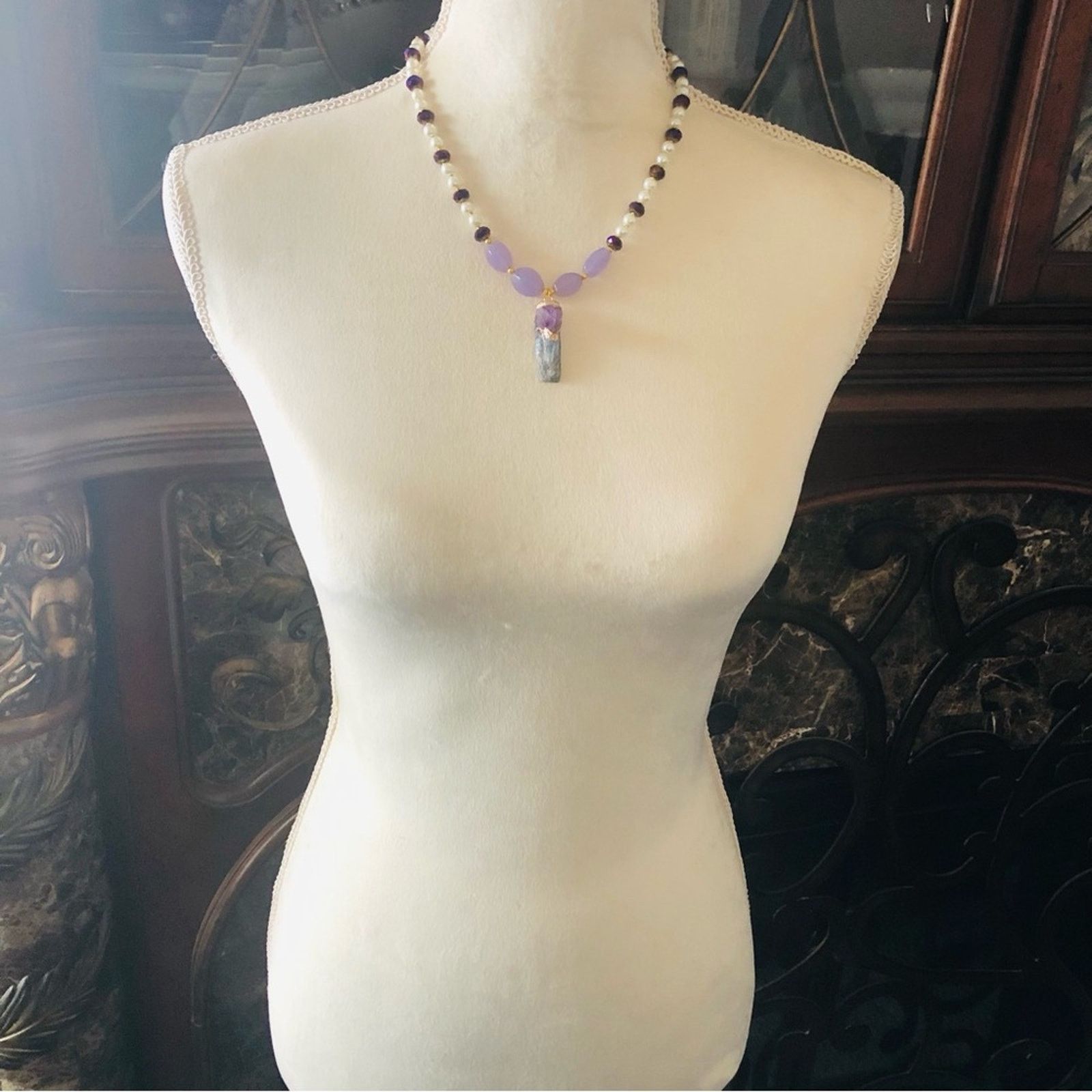 Handmade Handcrafted repurpose kyanite and amethyst Pearl necklace Size ONE SIZE - 5 Thumbnail