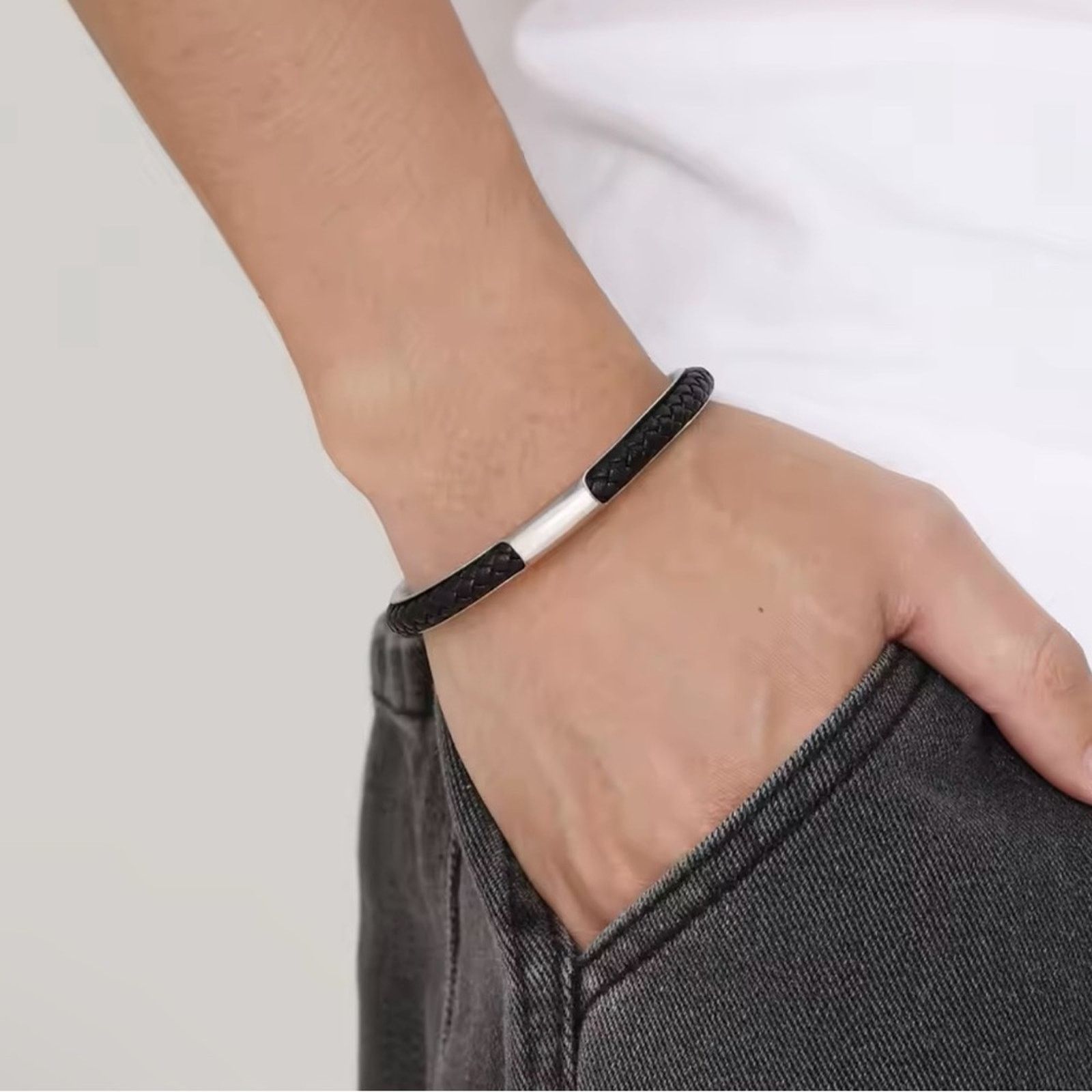 Other Leather Cuff Bracelets for Men Stainless Steel Bangles Size ONE SIZE - 2 Thumbnail