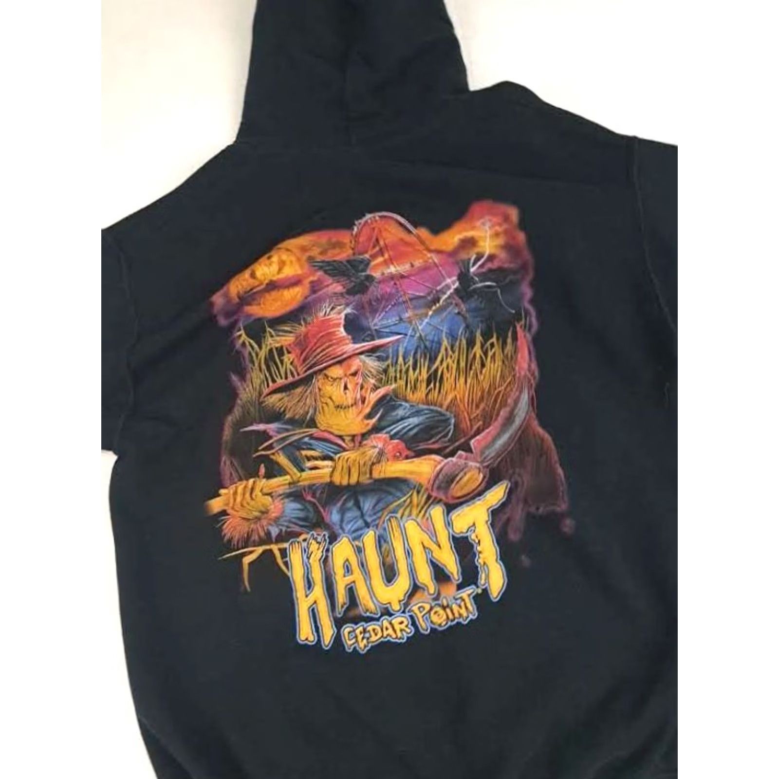 Gildan VINTAGE Haunt Scarecrow Cedar Point Theme Ride Hooded Sweatshirt M Black Gildan Cotton Blend Canvas Women Roller Coaster 2000s Size M / US 6-8 / IT 42-44 - 2 Thumbnail