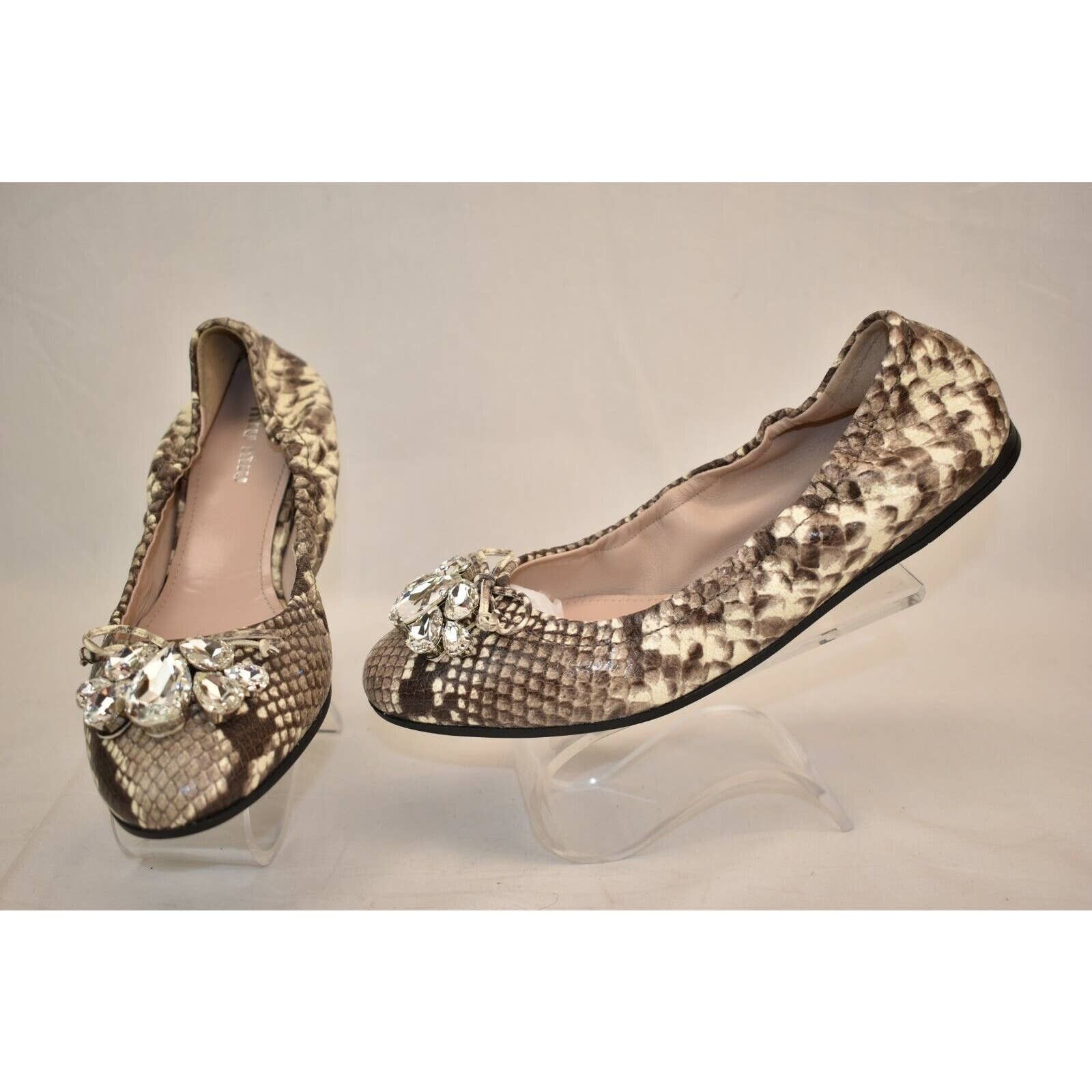 image of Miu Miu 5F149C Python Print Leather Crystals Jeweled Bow Flats 37 in Brown, Women's