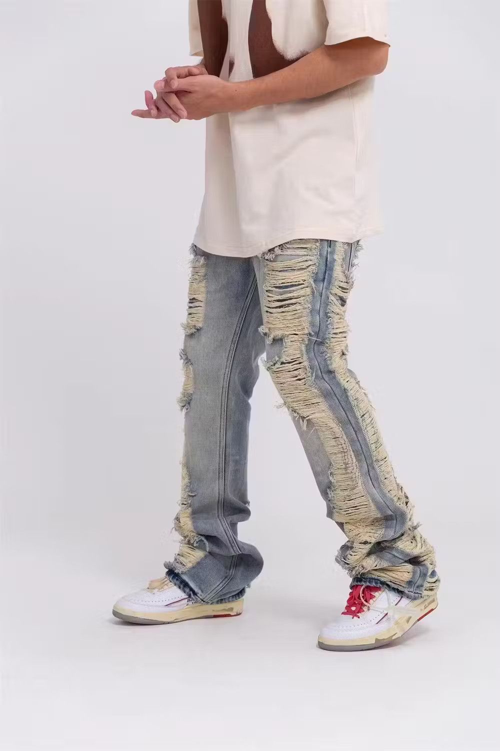 image of Vintage Loose And Tattered Personalized Beggar Casual Pants in Denim, Men's (Size 32)
