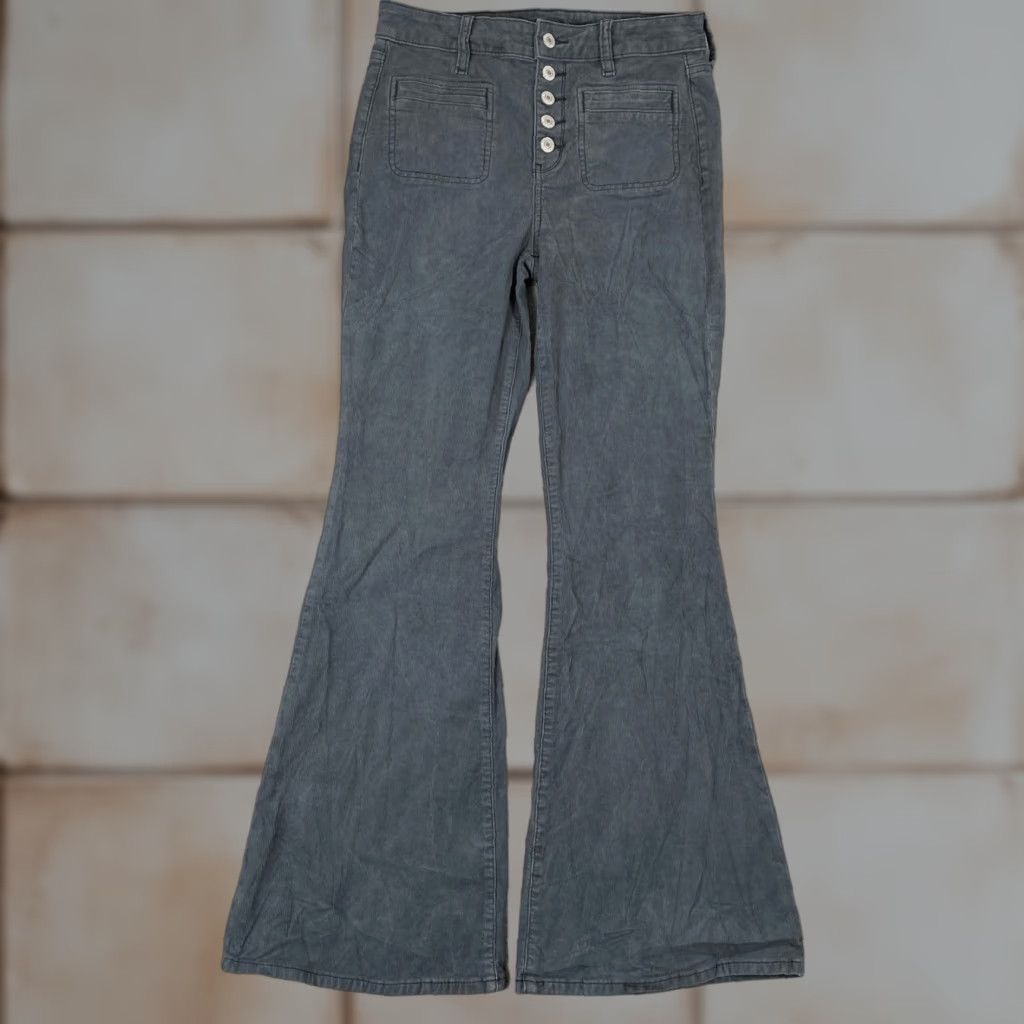 American Eagle Outfitters VINTAGE American Eagle Corduroy Pants Womens 4 Gray Super Hi Rise Flare Y2K Boho Retro Size 27" / US 4 / IT 40 - 1 Thumbnail
