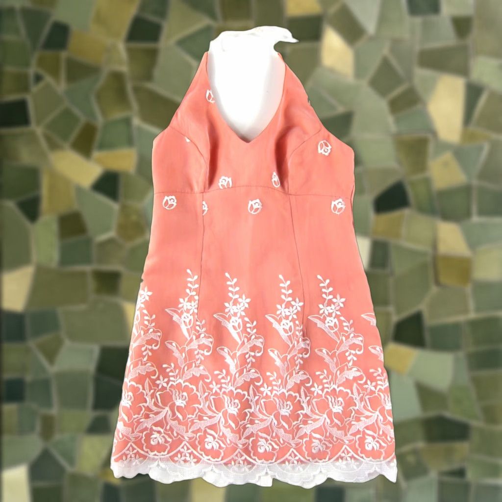 Vintage VINTAGE Faith Couture Dress Halter Floral Embroidered Lace Knee Length Orange White, Medium, Women, Casual, Formal, Wedding, 100% Polyester Size M / US 6-8 / IT 42-44 - 1 Thumbnail