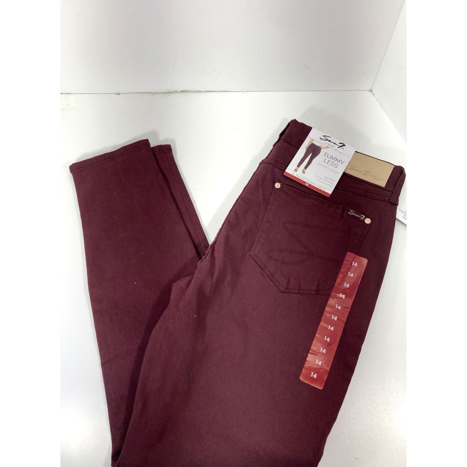 Vintage Seven7 Tummy Less Skinny Jeans Women 14 32X31 Maroon Denim High Rise Stretch NWT Jeans Women Size 36" / US 14 / IT 50 - 2 Thumbnail