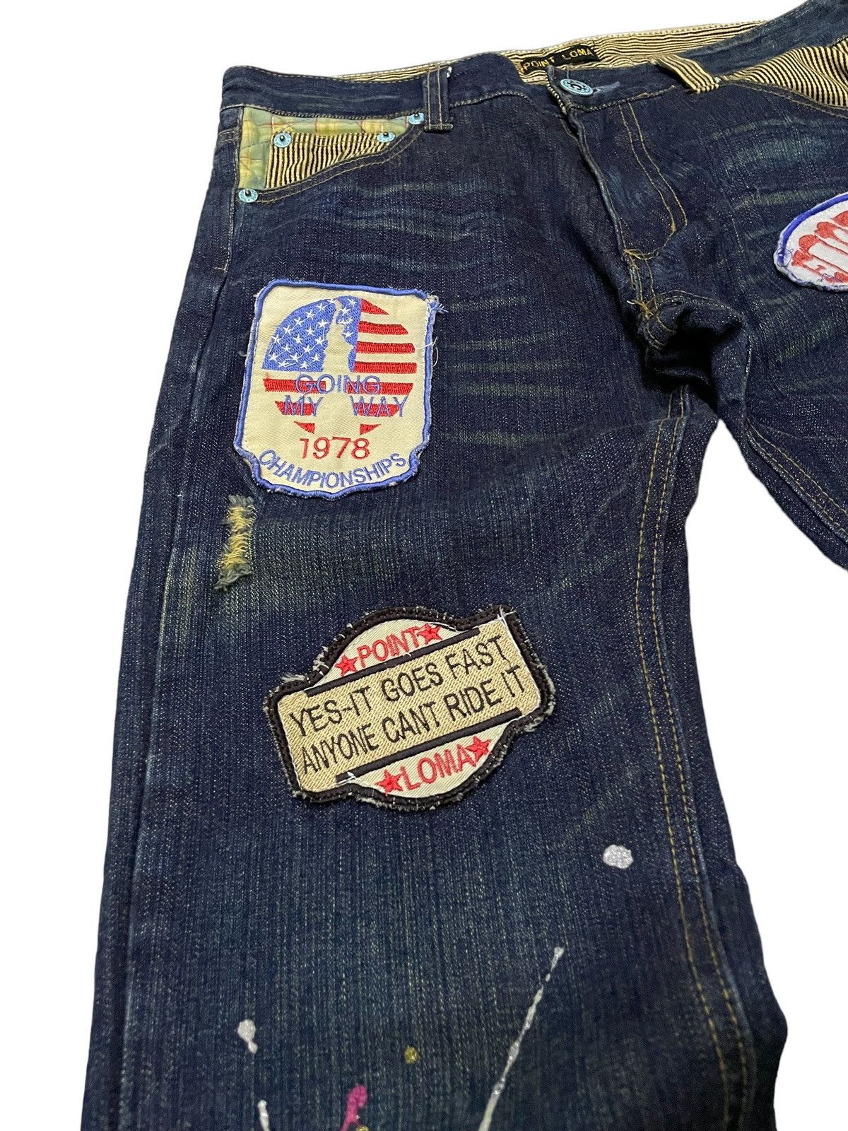 Point Loma Japan Patched Distressed Paint Splatter Jeans