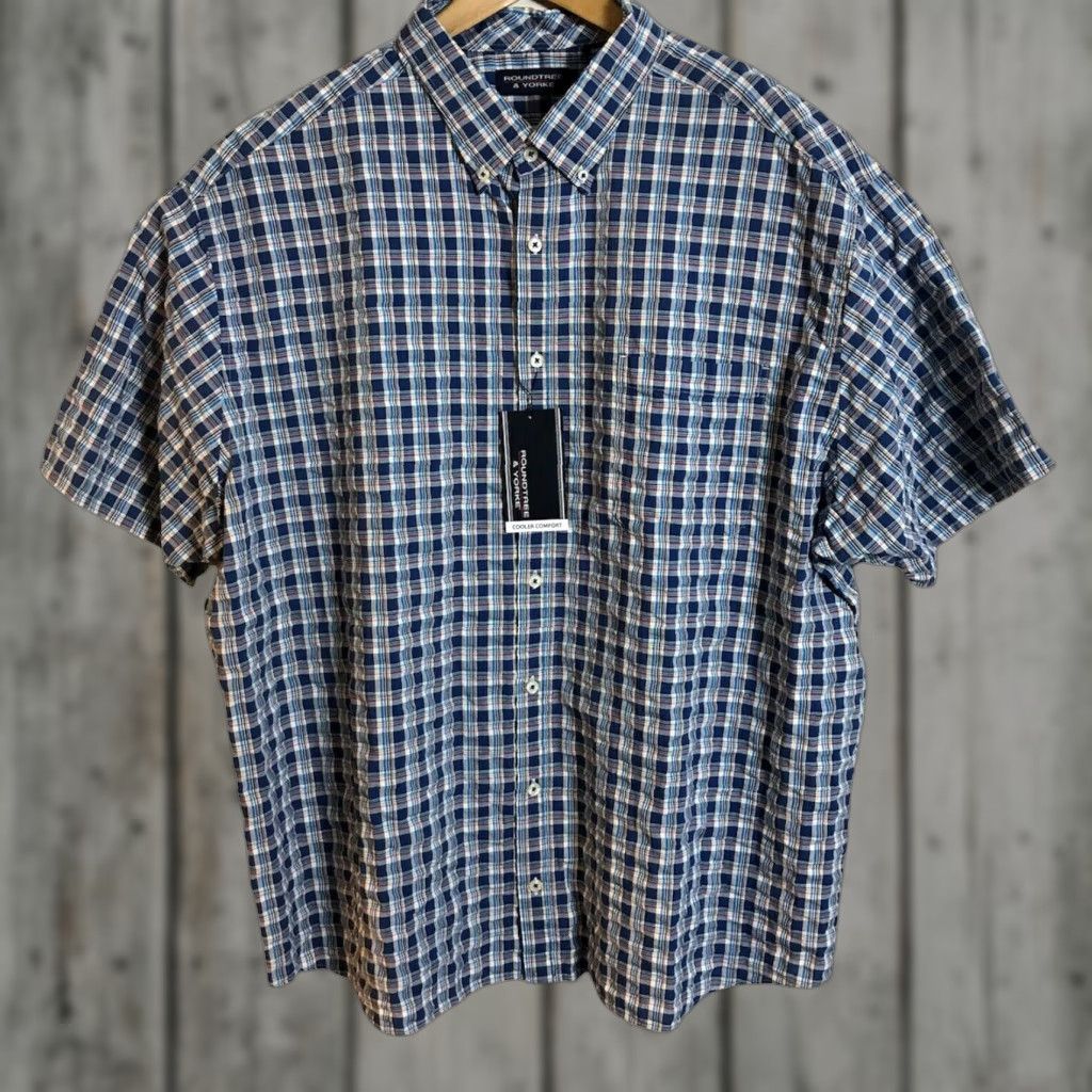 Roundtree & Yorke Roundtree Yorke Shirt Mens Large Navy Plaid Seersucker Button Up Size US L / EU 52-54 / 3 - 1 Thumbnail