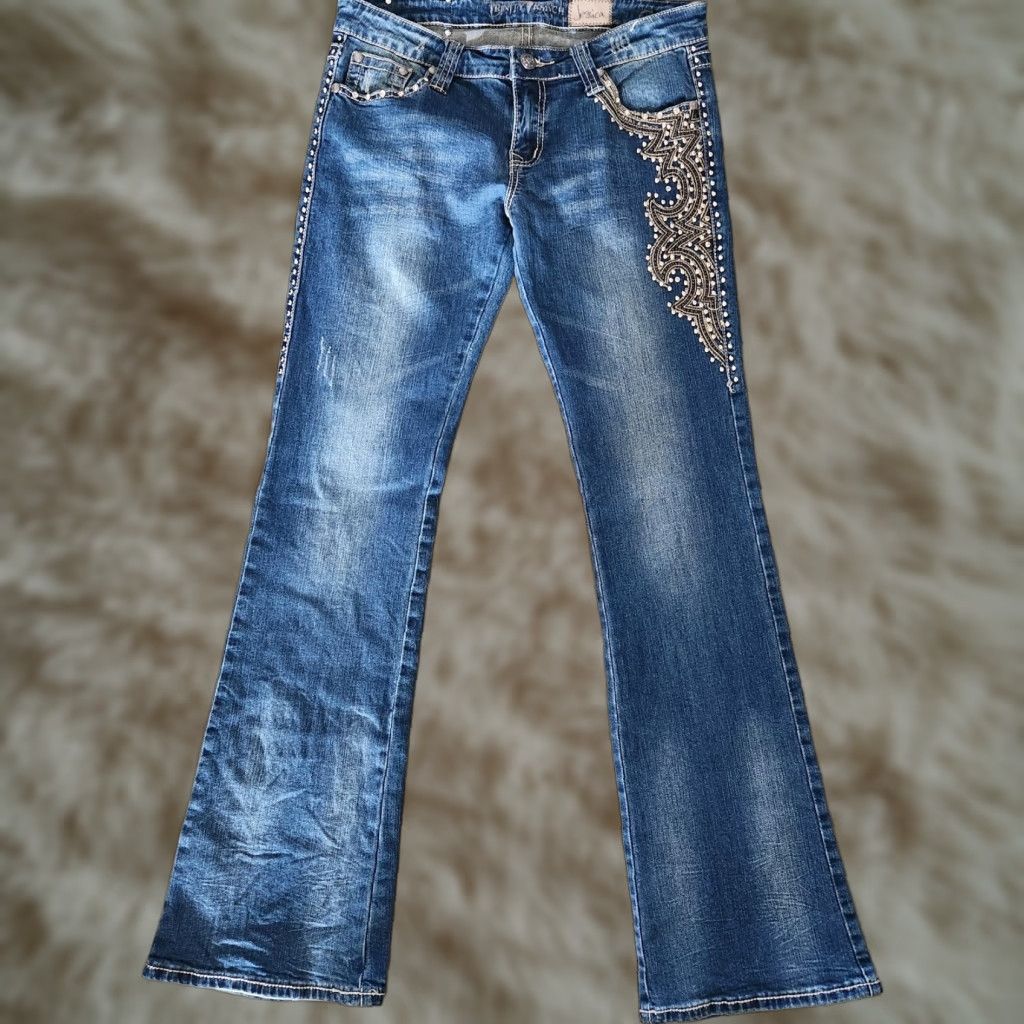 Denime Trinity Jeans Blue Denim 9 Regular Women Bootcut Rhinestone Embroidered Beaded Logo Studded Western Cowgirl Size 30" / US 8 / IT 44 - 1 Thumbnail