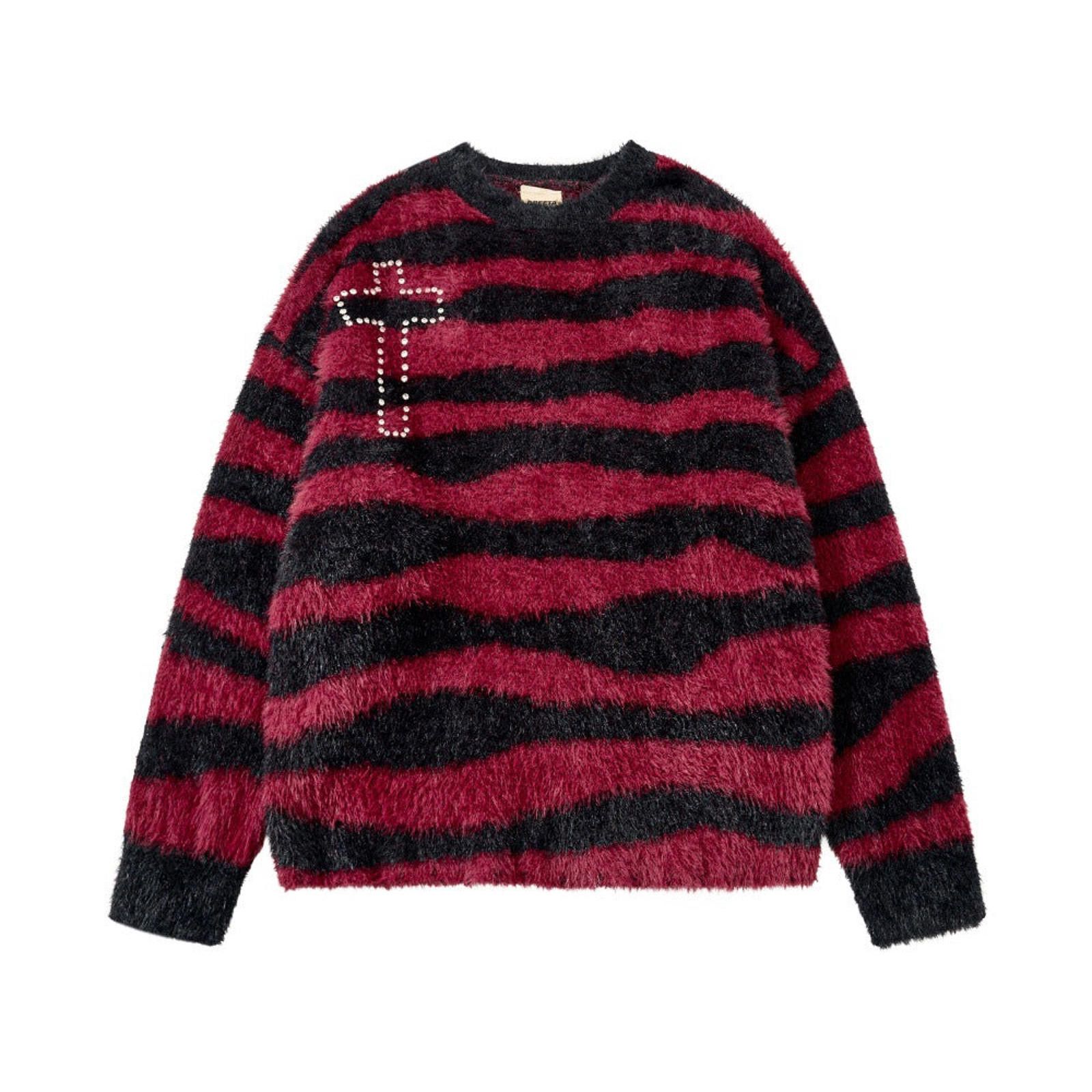Red Black Striped Fuzzy Sweater with Studded Cross