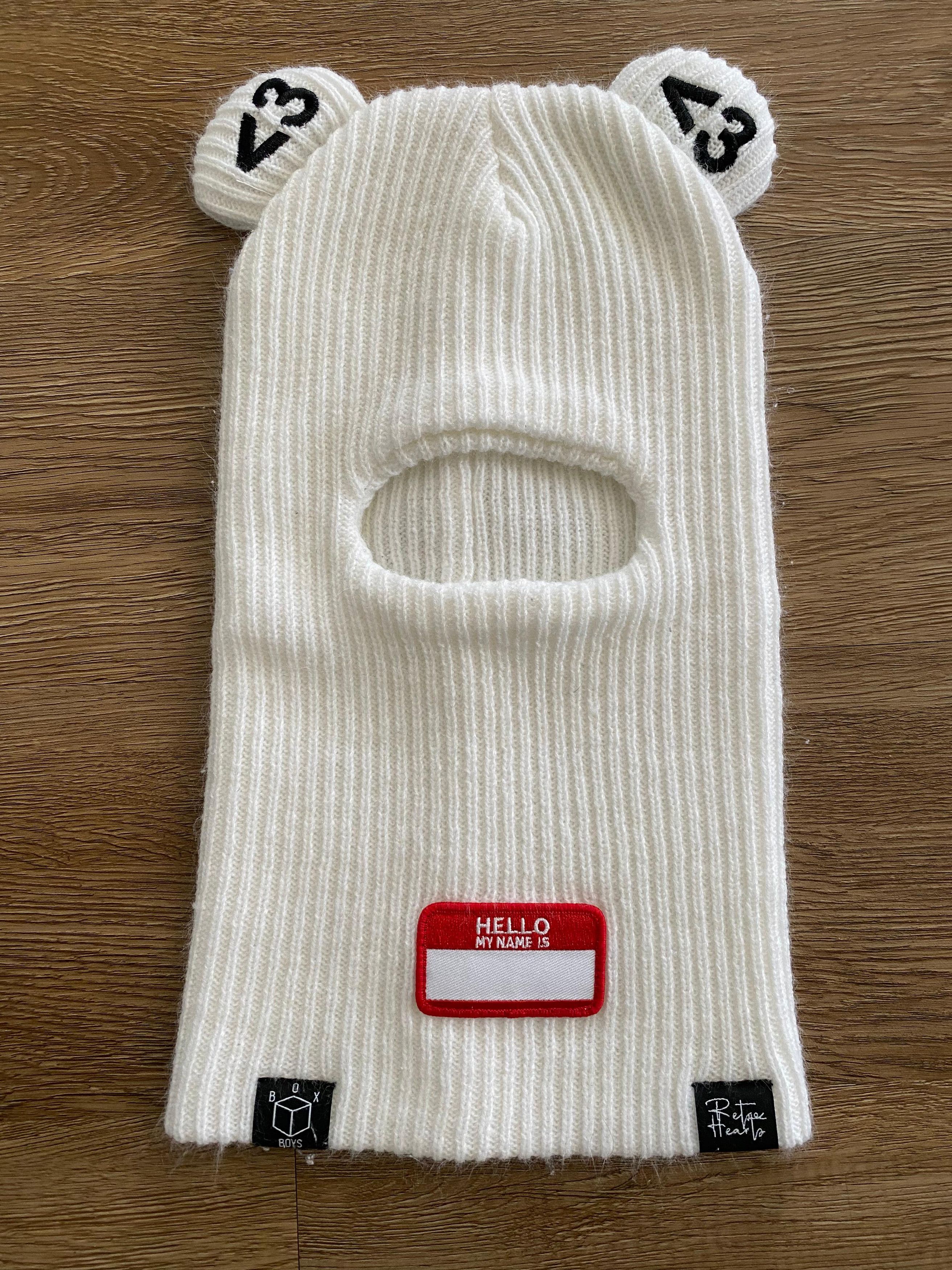 Other Box Boys Retro Hearts Bear Hat – White Embroidered Balaclava Size ONE SIZE - 1 Thumbnail