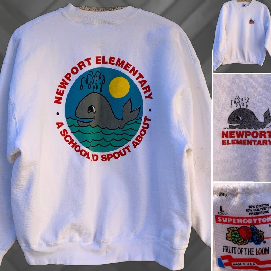 Fruit Of The Loom VINTAGE Newport Elementary A School To Spout About Sweatshirt Whale Graphic Sz L Sweatshirt Size US L / EU 52-54 / 3 - 1 Thumbnail