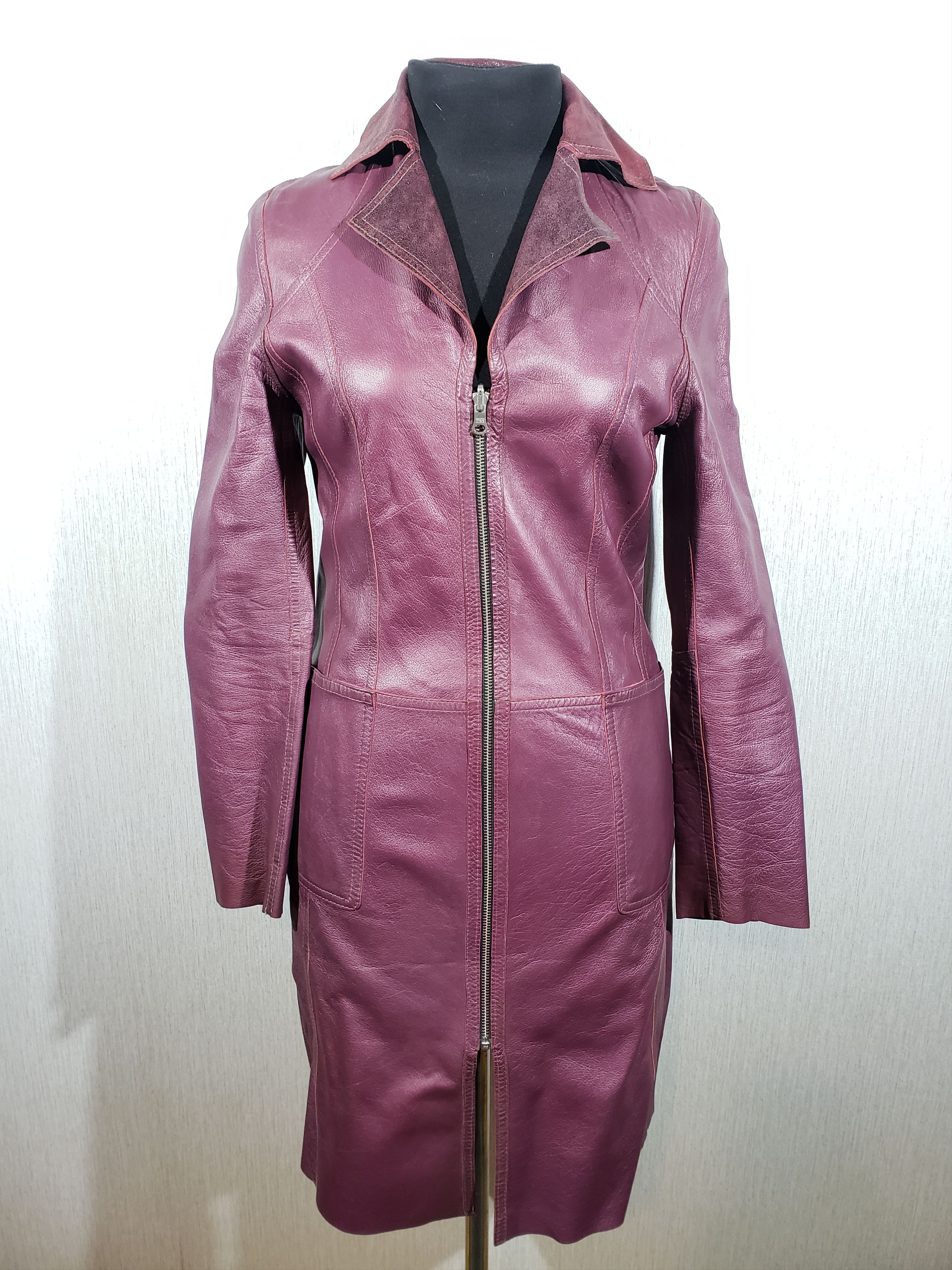 image of Art x Movie Stylish Purple Double-Sided Women's Leather Raincoat (Size Medium)