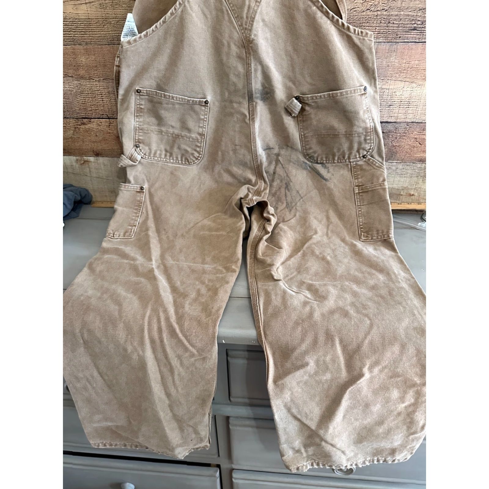 Carhartt VINTAGE Carhartt R01 BRN Men's 44x30 Khaki Duck Carpenter Bib Overalls Distressed Lot 2 pairs Size US 44 / EU 60 - 6 Thumbnail