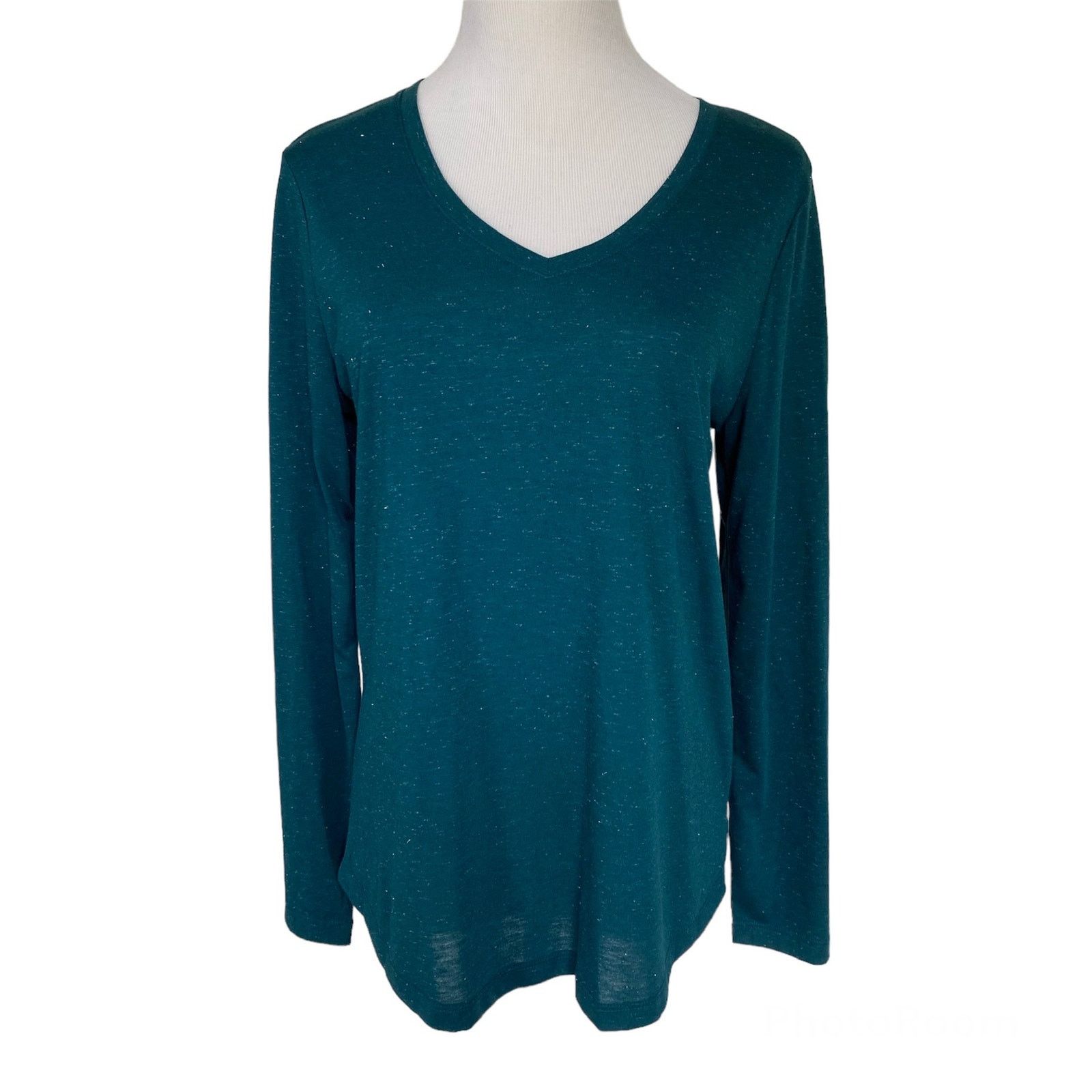 Faded Glory NWOT Teal & Silver Sparkle Long Sleeve V-Neck Pleated Shirt Size S / US 4 / IT 40 - 1 Thumbnail