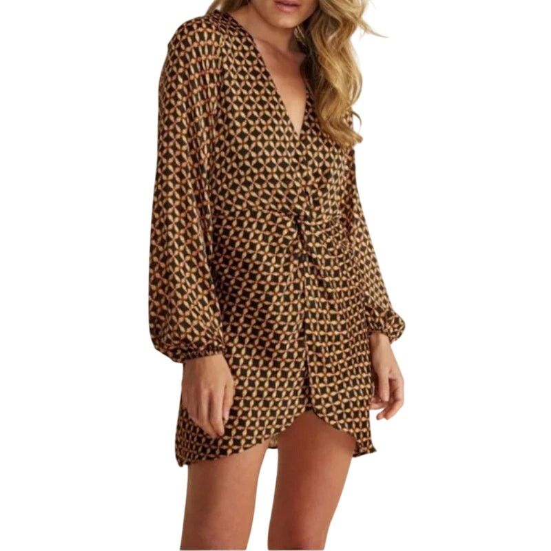 MINKPINK Gold Patterned Front Bunch Snap V Neck Valentina Mini Dress Size L / US 10 / IT 46 - 2 Thumbnail