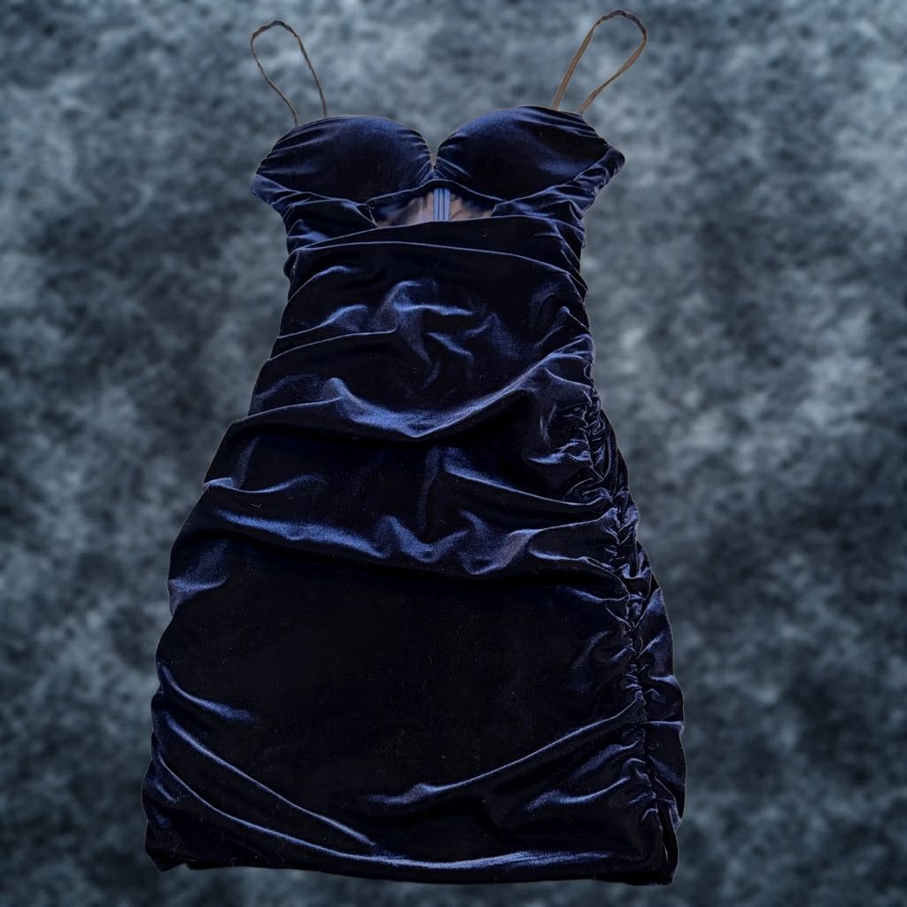 Vintage Oh Polly Navy Blue Ruched Velvet Mini Dress Womens US 0 Slim Fit Cut Out Strappy Sleeve Party Cocktail Bodycon Nightwear Size XS / US 0-2 / IT 36-38 - 1 Thumbnail