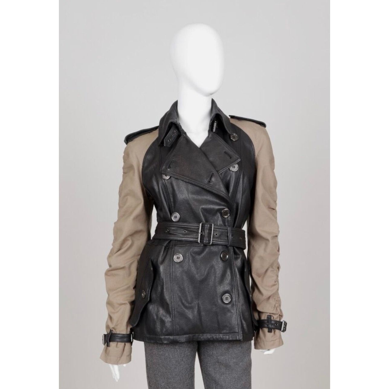 Burberry Burberry Brit Black Brown Leather Cotton Belted Jacket US 4 Size S / US 4 / IT 40 - 1 Thumbnail