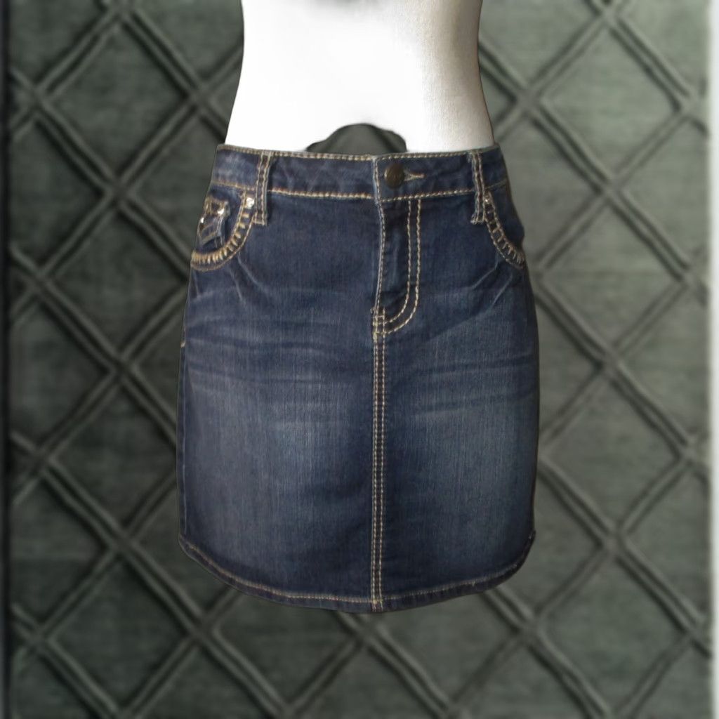 Vintage EARL JEAN Denim Skirt Size 10 Blue Beaded Size 32" / US 10 / IT 46 - 1 Thumbnail