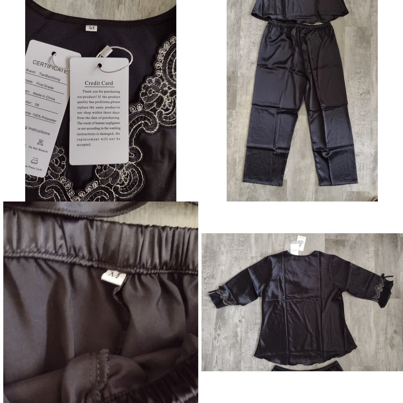 Vintage Tian Bao Gong Womens Pajamas Set 100% Polyester Black Floral Size M Intimate NWT Size ONE SIZE - 8 Thumbnail